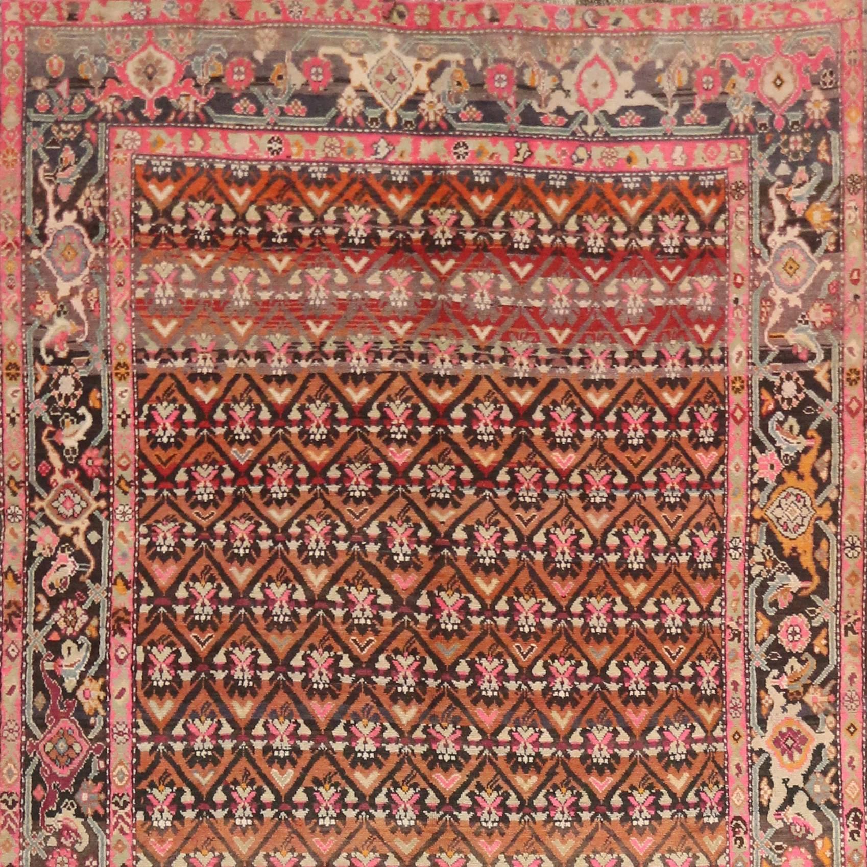 Hand-Knotted Antique Caucasian Karabakh Gallery Rug with Mid-Century Modern Style  For Sale
