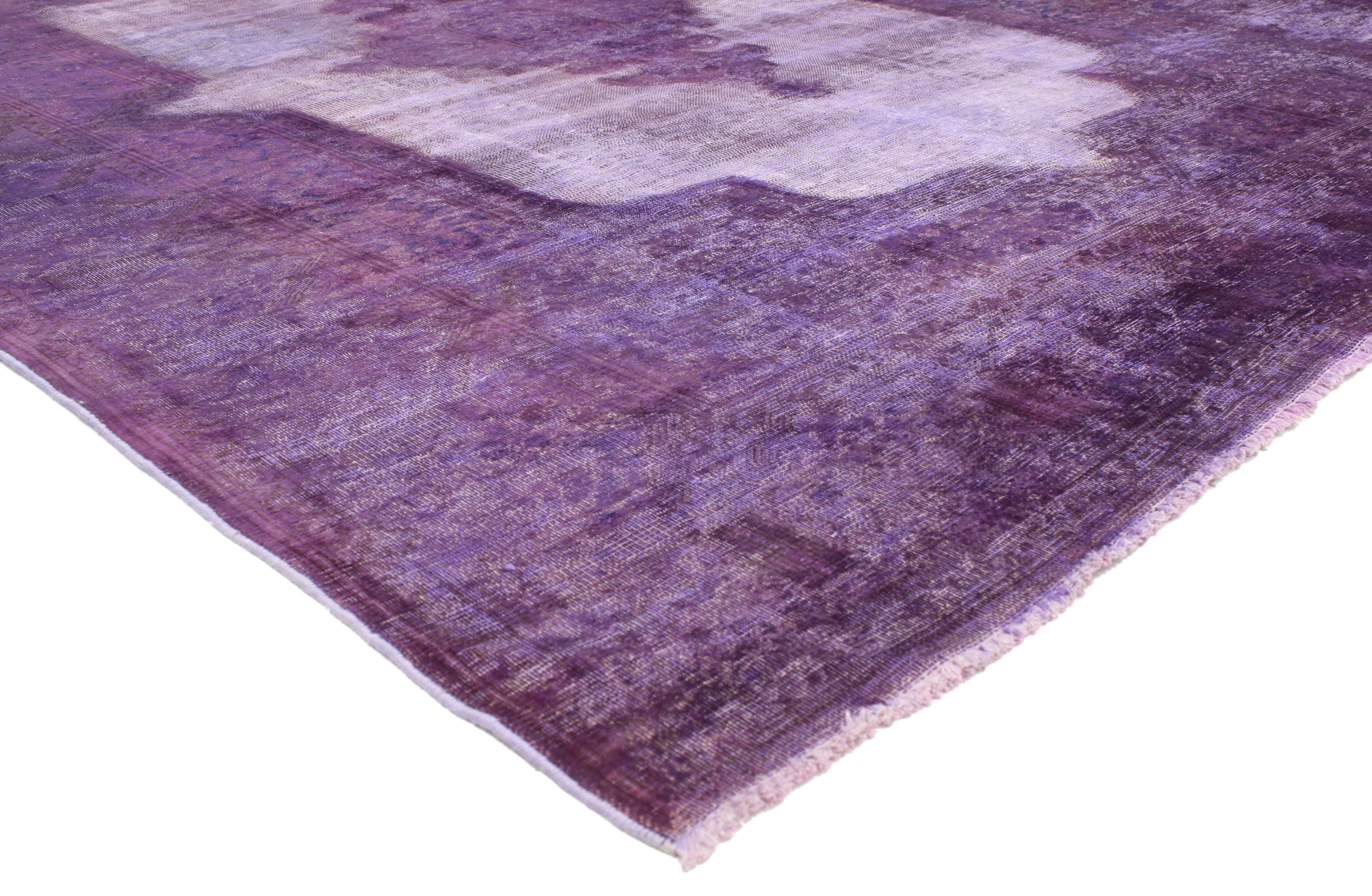 80413 Distressed Overdyed Purple Persian Rug with Post-Modern Memphis Style 07'11 x 10'07. This hand-knotted wool distressed overdyed purple vintage Persian rug features center medallion in an open abrash field. With its Post-Modern Memphis Style