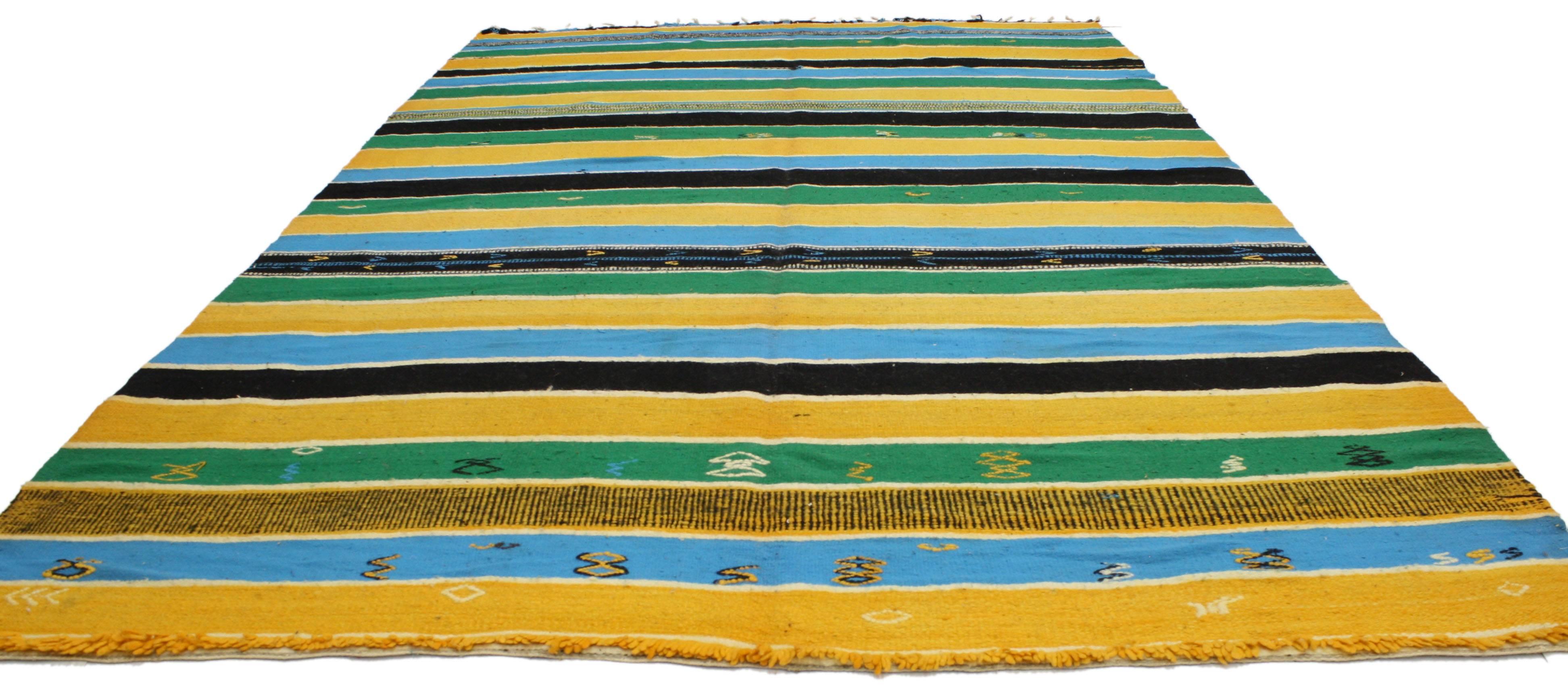 20543 vintage Berber Moroccan Kilim with stripes and tribal boho chic style. This vintage Berber Moroccan Kilim rug with stripes features a tribal boho chic style, yet it still reflects an understated appearance ideal for modern and contemporary