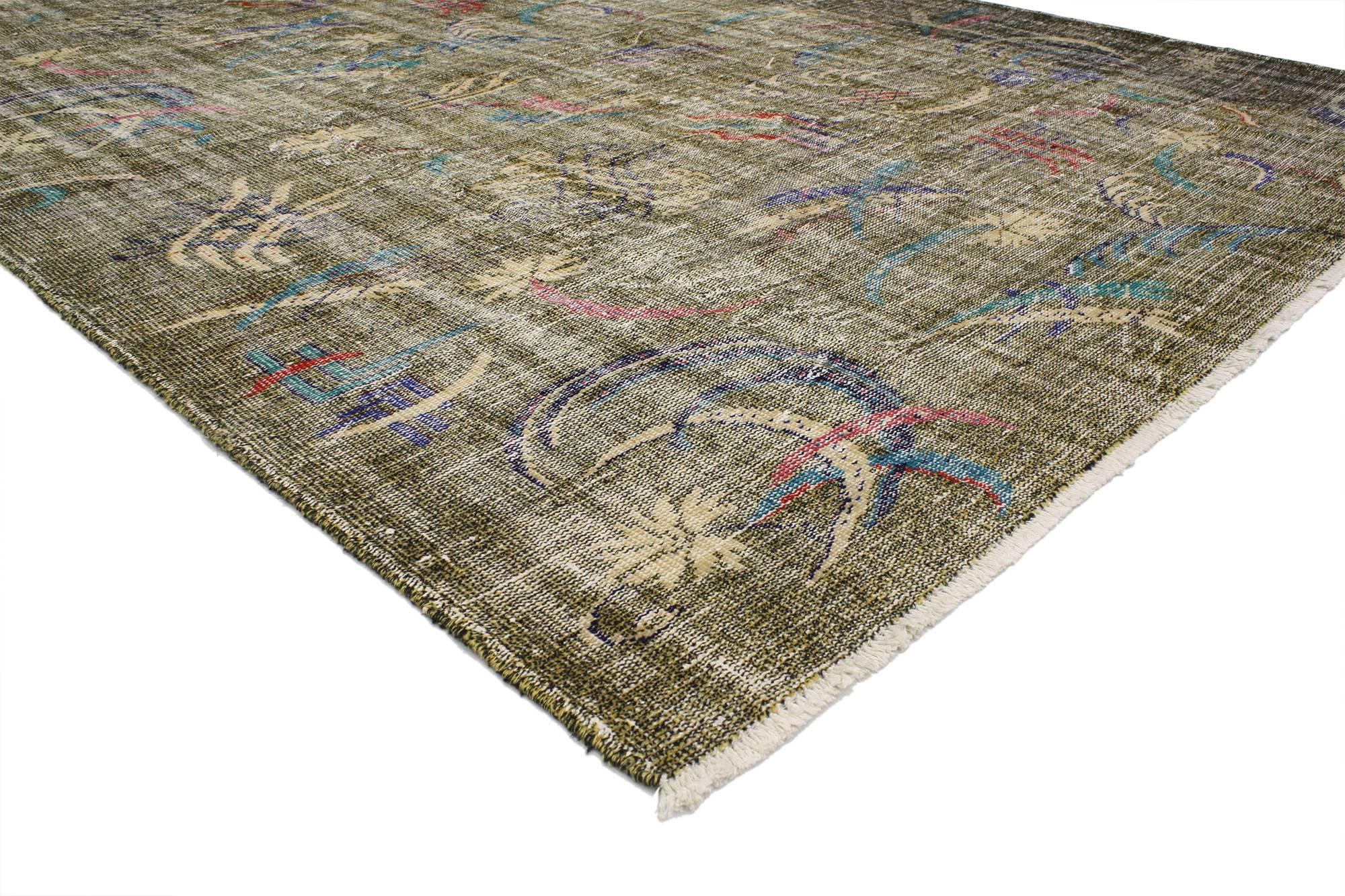 52126, distressed vintage Turkish Sivas rug with Industrial style. Highlighting the finest trends in minimal aesthetics, this modern Industrial style rug features an all-over pattern in neutral colors. From the distressed composition to the gently
