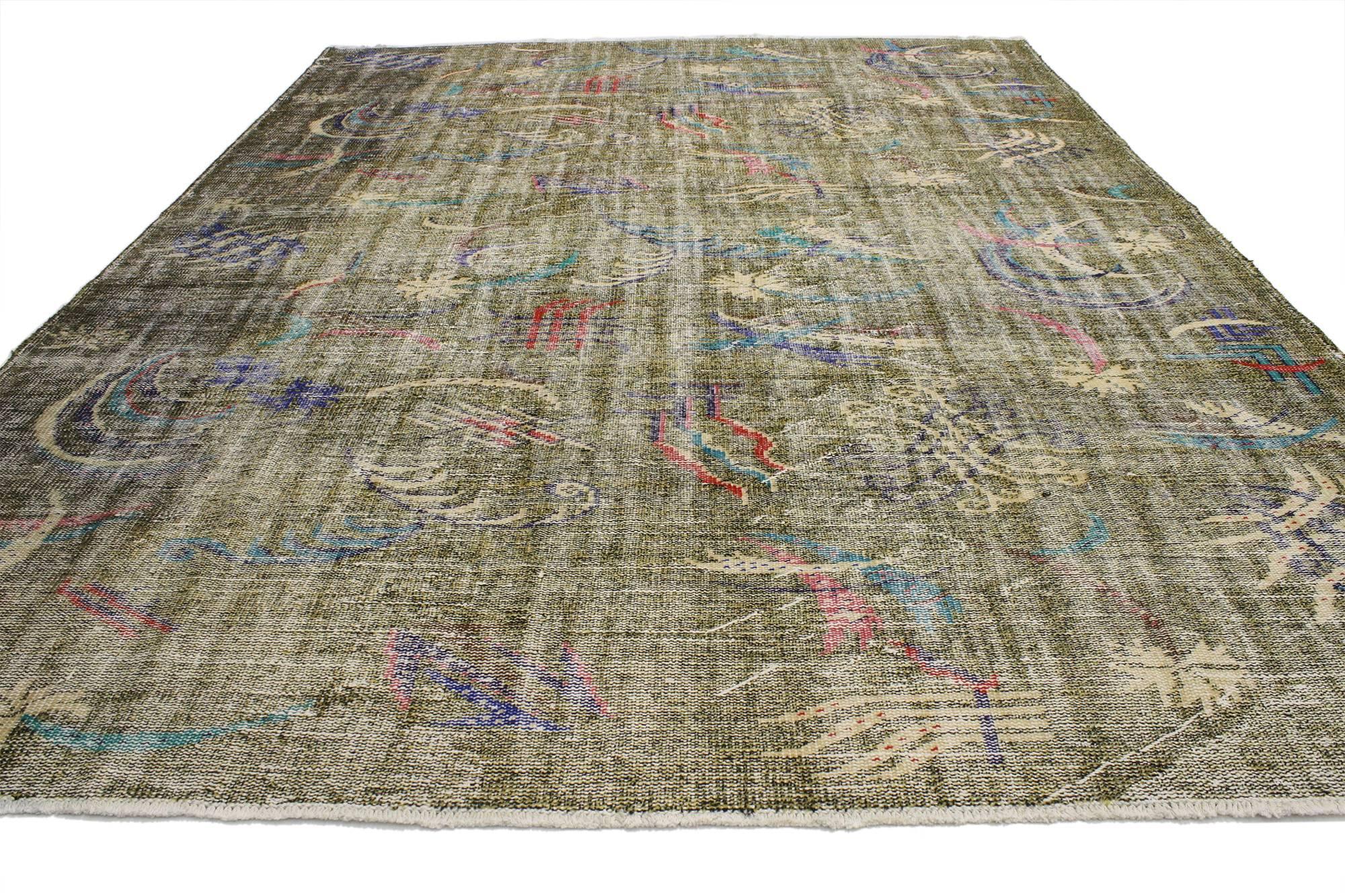 Hand-Knotted Distressed Vintage Turkish Sivas Rug with Industrial Style For Sale
