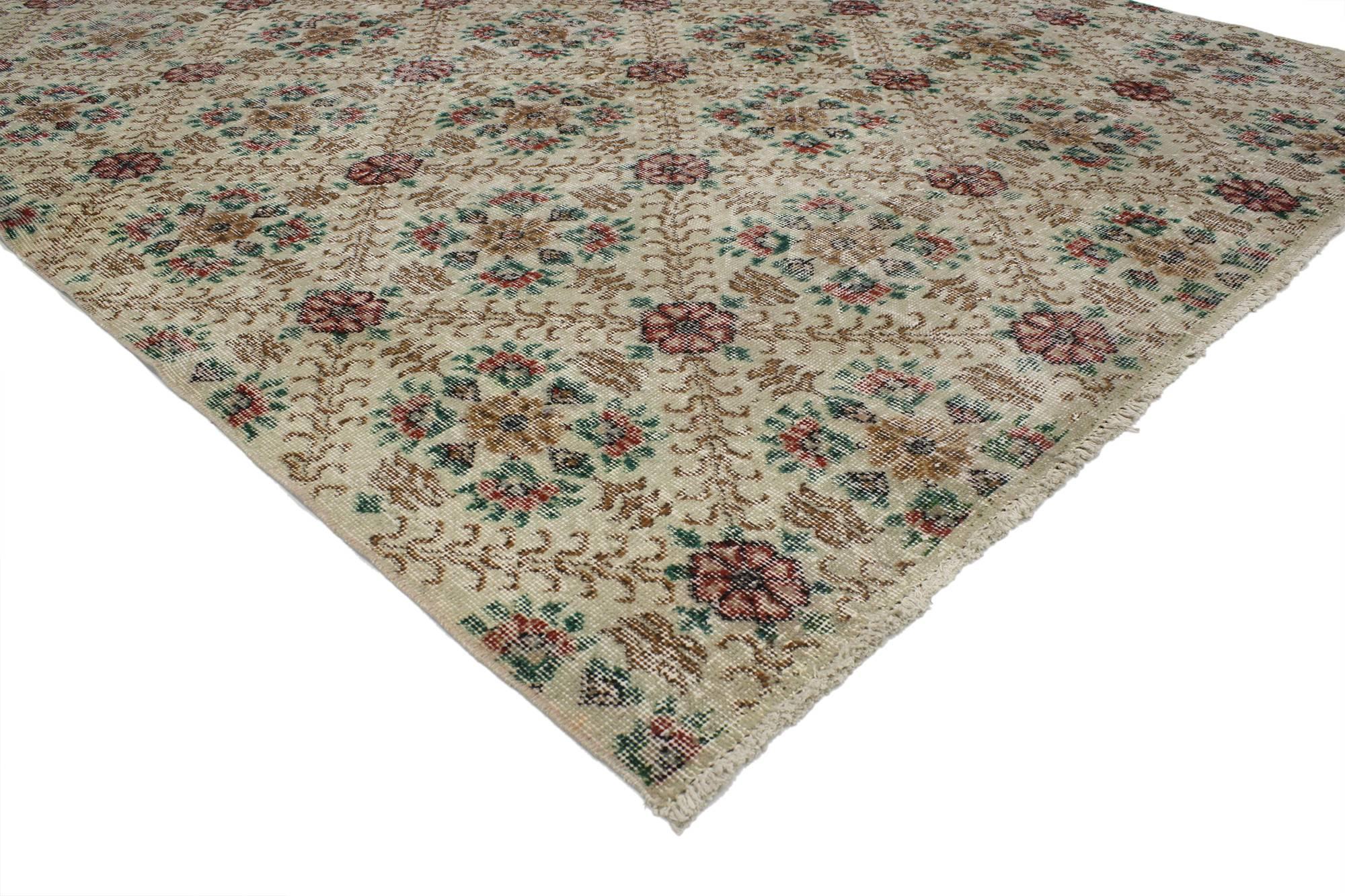 Hand-Knotted Distressed Vintage Turkish Sivas Rug with Romantic English Cottage Style For Sale