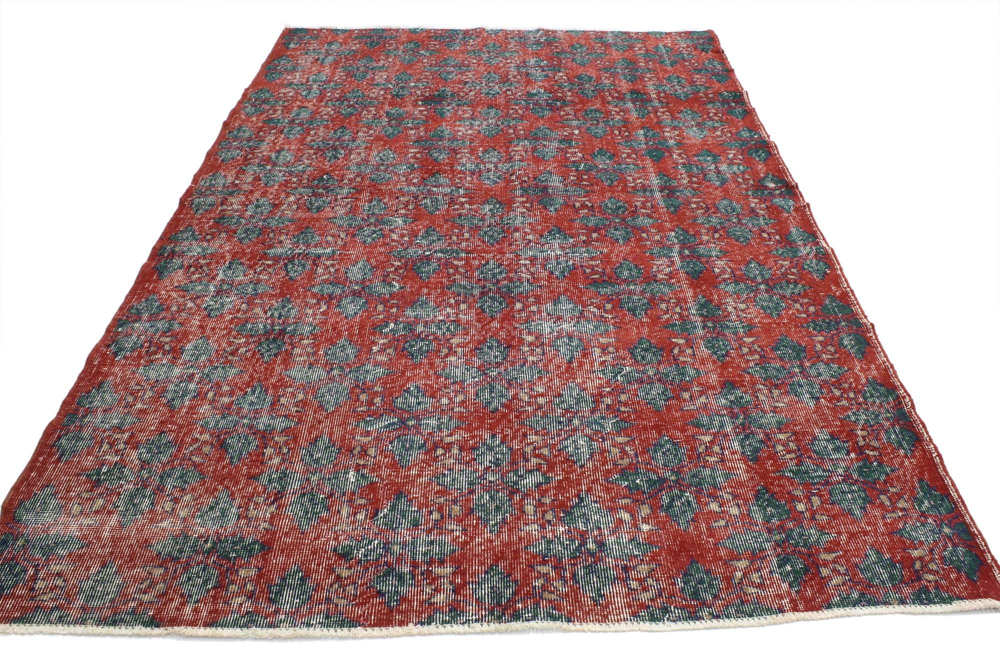 52030 Zeki Muren Distressed Vintage Turkish Sivas Rug with Industrial Art Deco Style 05'06 x 09'00. This distressed vintage Turkish Sivas rug with modern Industrial Art Deco style features an all-over geometric pattern composed of four-petal leaves