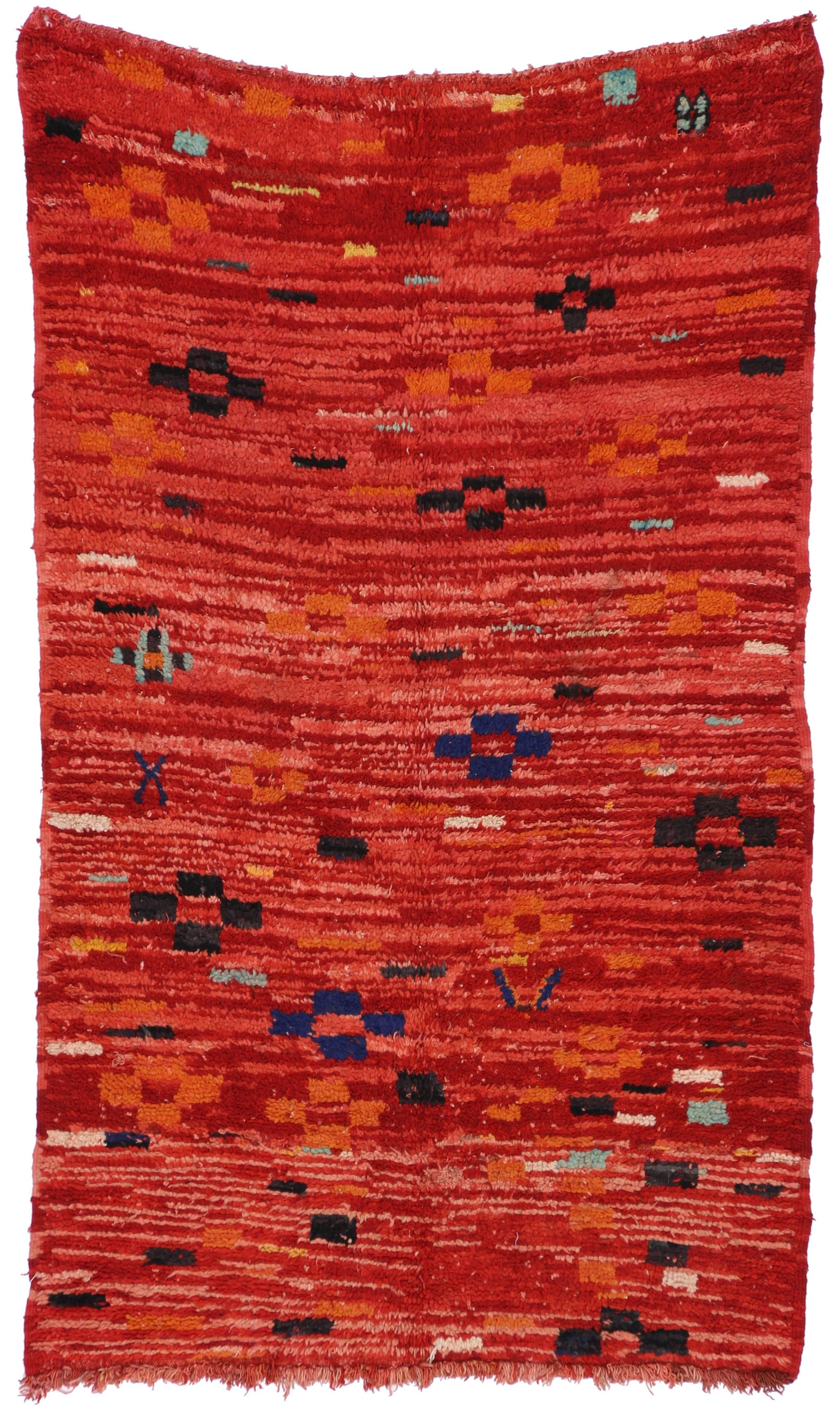 Color, style and plush pile, this Moroccan rug has it all. Putting this gorgeous red carpet in a neutral space is a little like lighting a fire — it adds instant warmth and pairs well with modern decor. The hints of dyes that make their way into the