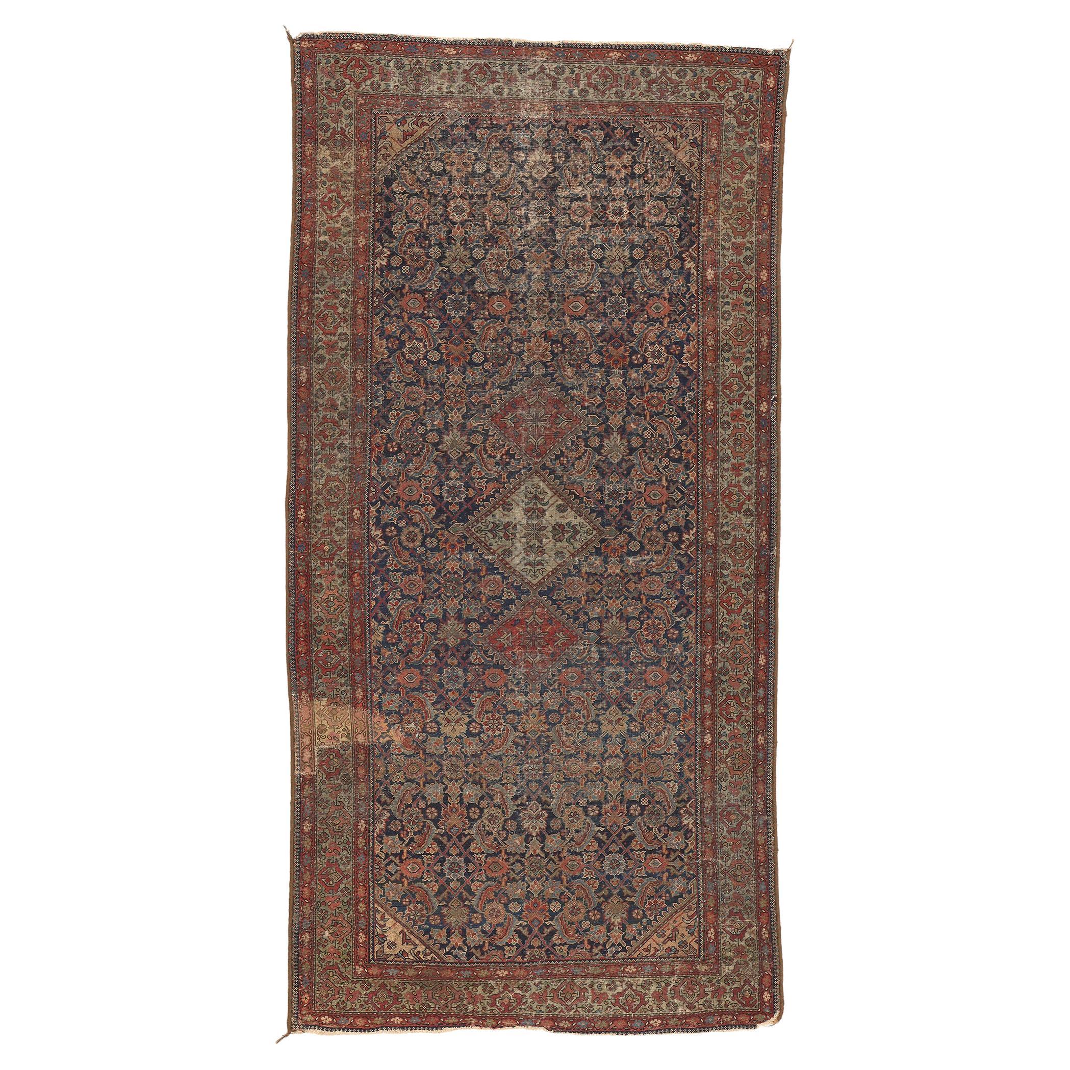 1880s Antique Persian Farahan Rug, Weathered Beauty Meets Rustic Sensibility