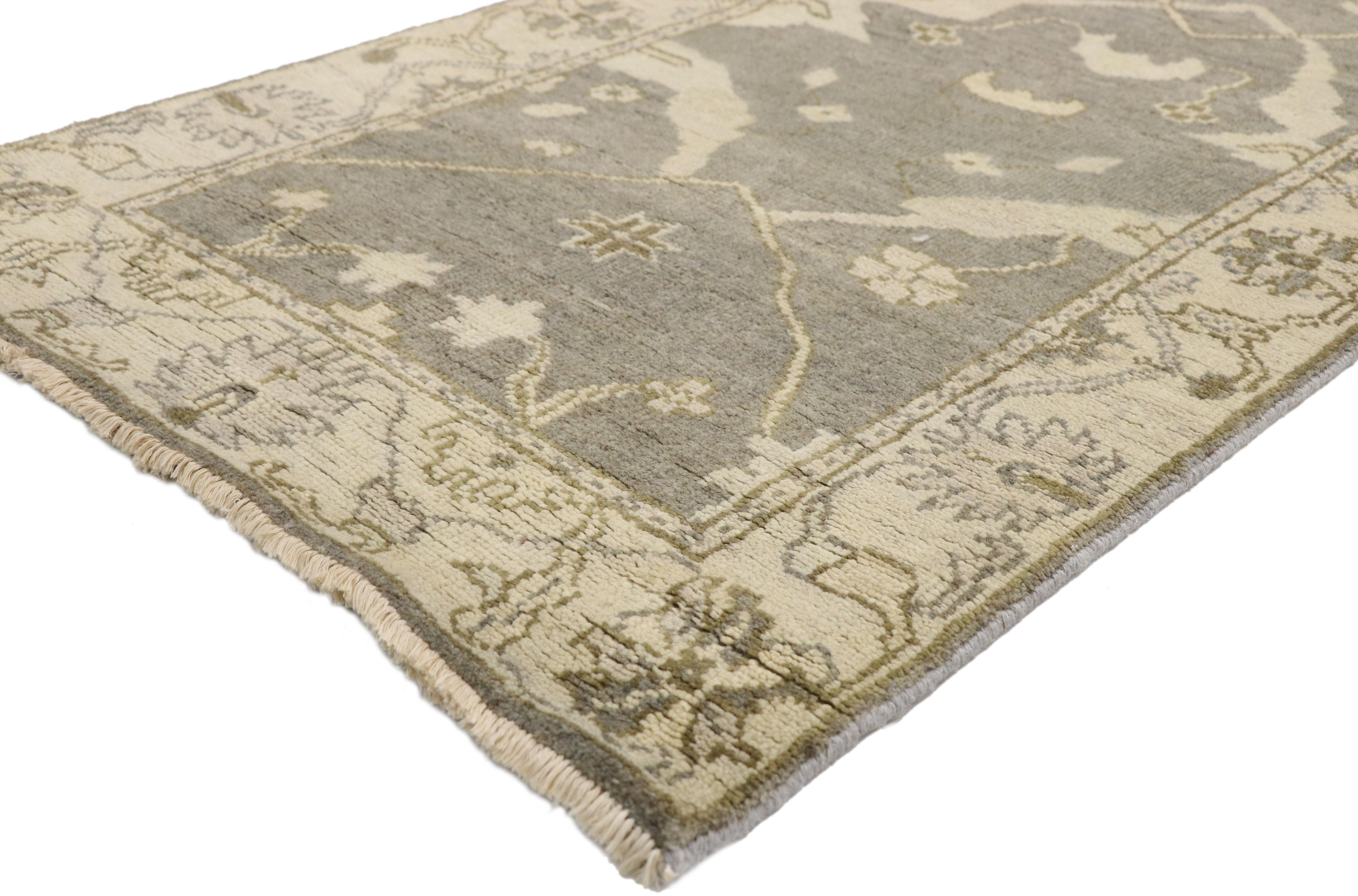 30205 neutral Oushak style geometric runner, hallway runner. Emanating grace and refinement, this neutral Oushak style runner features an overall geometric design with sweeping organic forms that contrast with an abrashed backdrop. Meanwhile smaller
