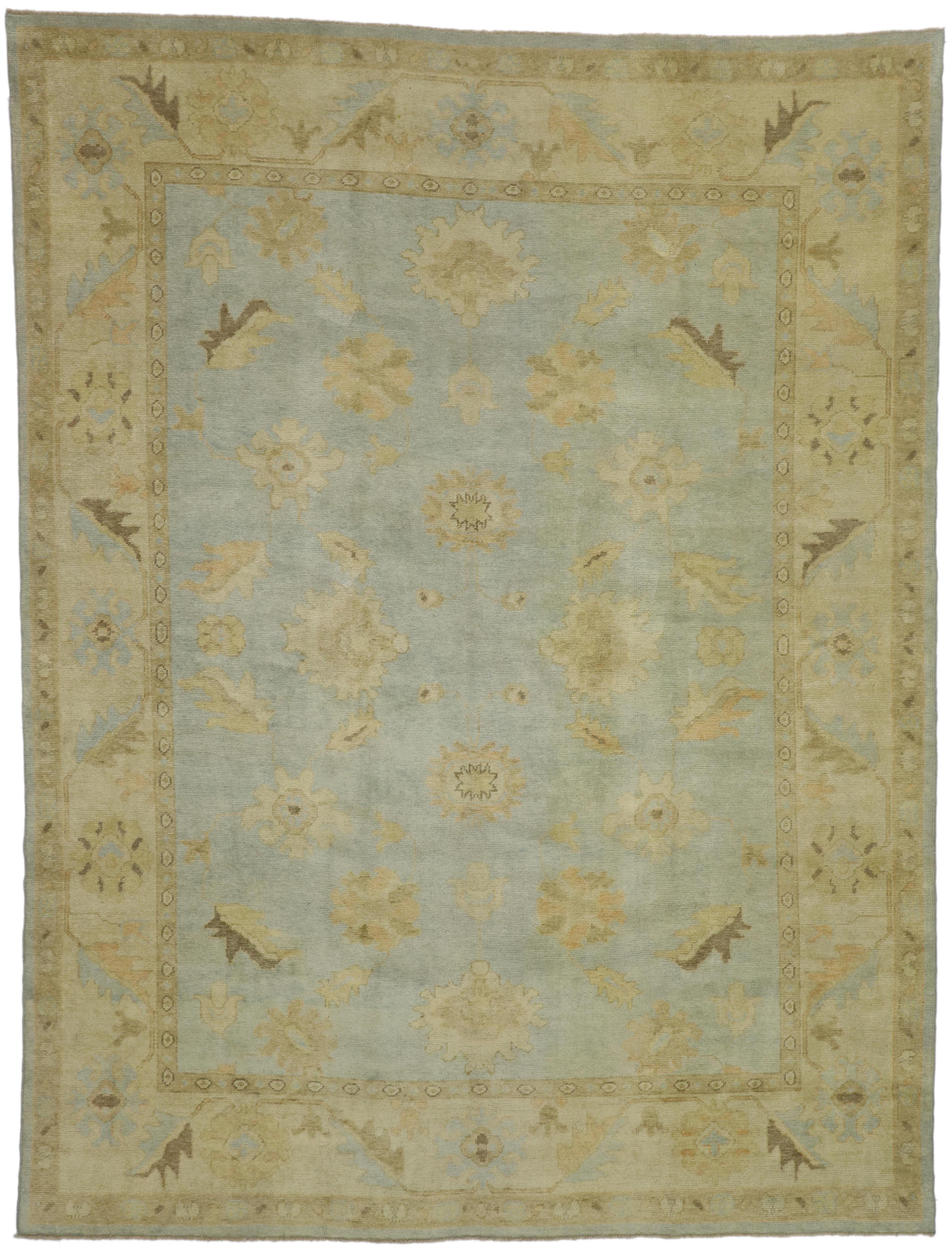 50741 New Contemporary Turkish Oushak Rug with Transitional Style. Create a serene and tastefully casual space with this new Turkish Oushak rug. This hand knotted wool contemporary Turkish Oushak area rug features an all-over geometric pattern