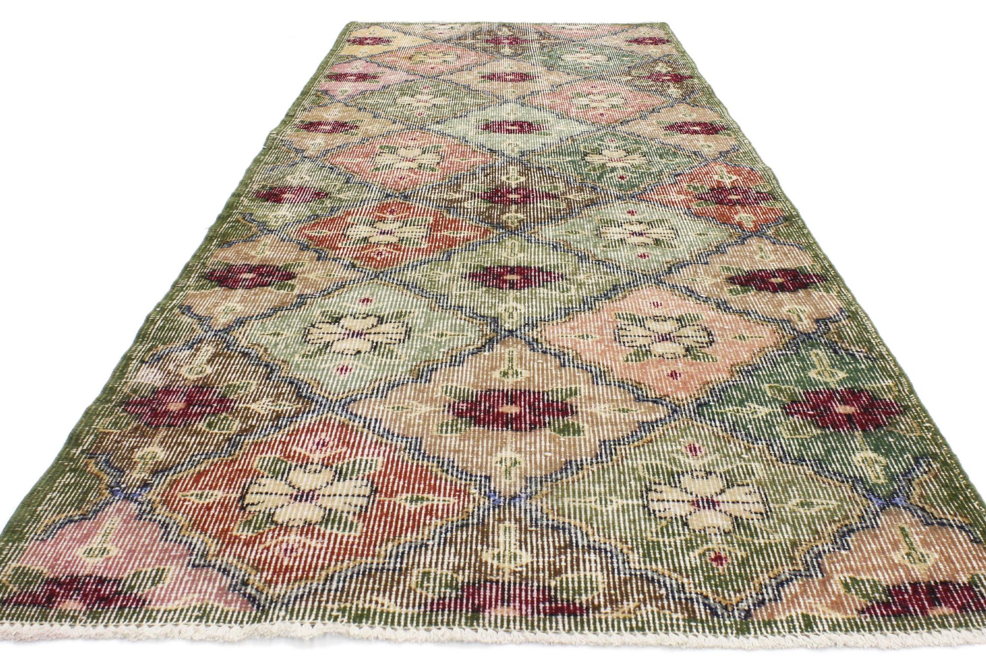 Distressed Vintage Turkish Sivas Runner with Arts & Crafts Cottage Style In Distressed Condition In Dallas, TX