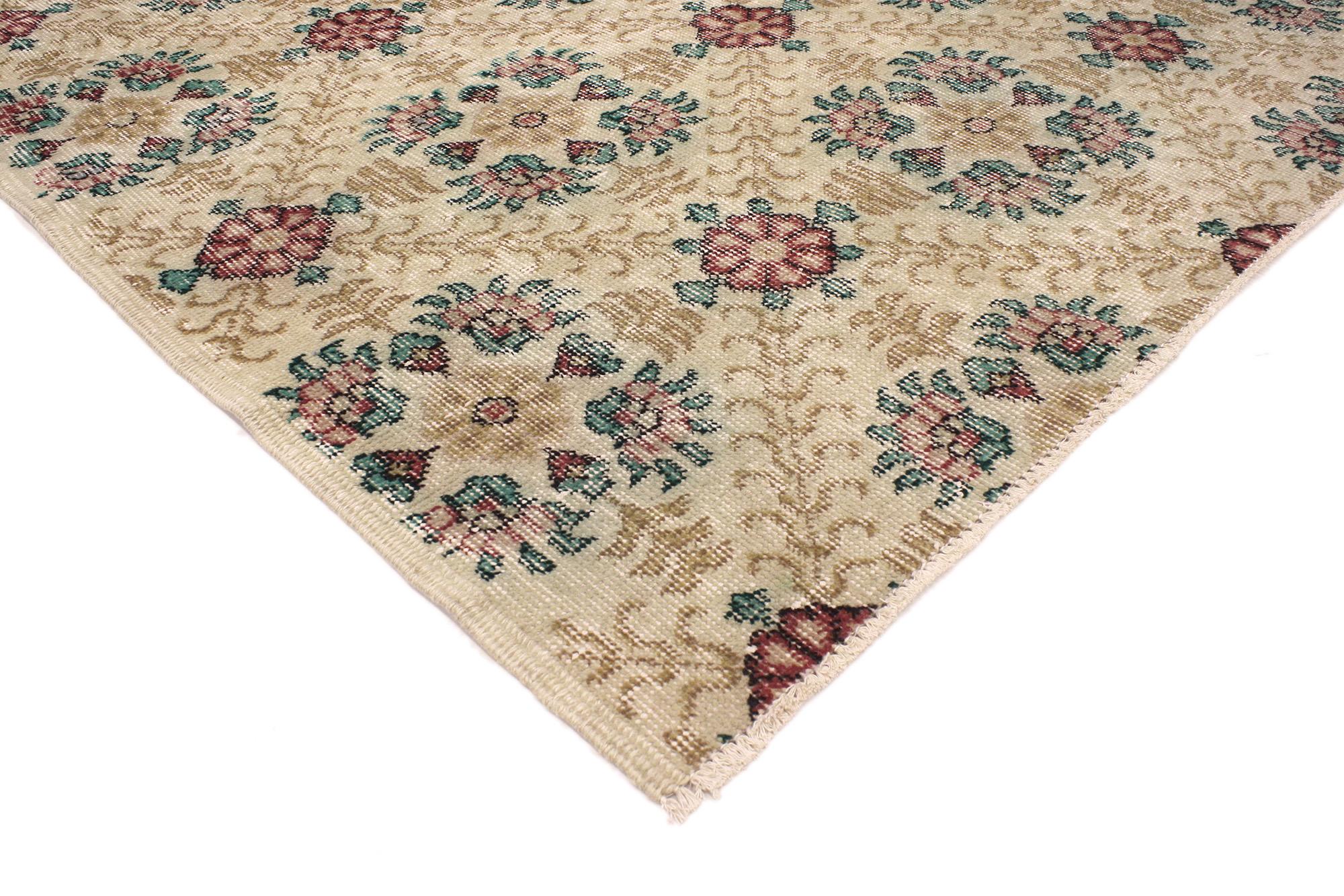 51969 Distressed Turkish Sivas Rug with Shabby Chic English Country Cottage Style. With the perfect mix of romance and simplicity, this hand-knotted wool distressed vintage Turkish Sivas rug embodies a cozy English Country Cottage style. The field