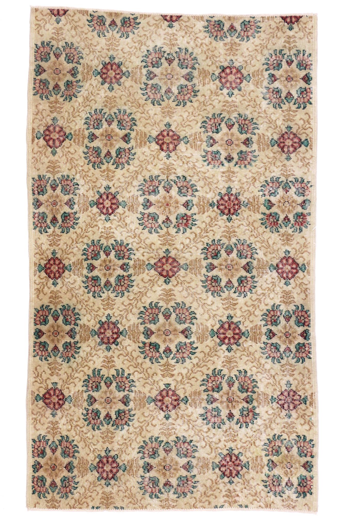 Romantic Distressed Turkish Sivas Rug with Shabby Chic English Country Cottage Style