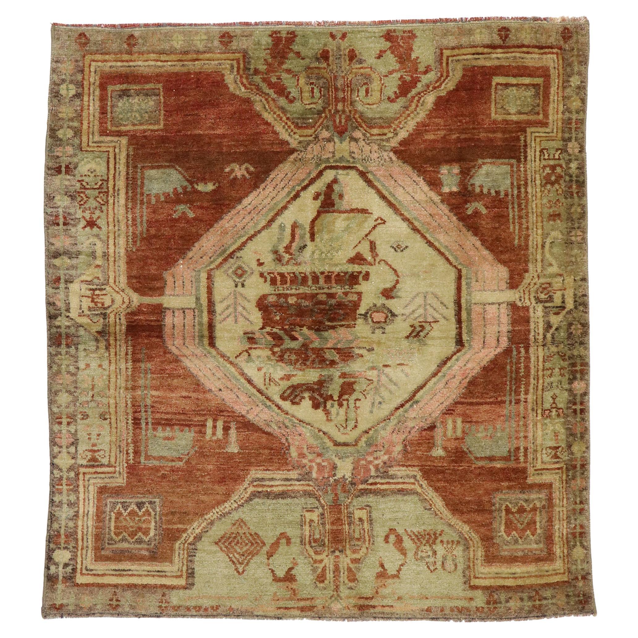 Distressed Vintage Turkish Oushak Accent Rug with Modern Rustic Style For Sale
