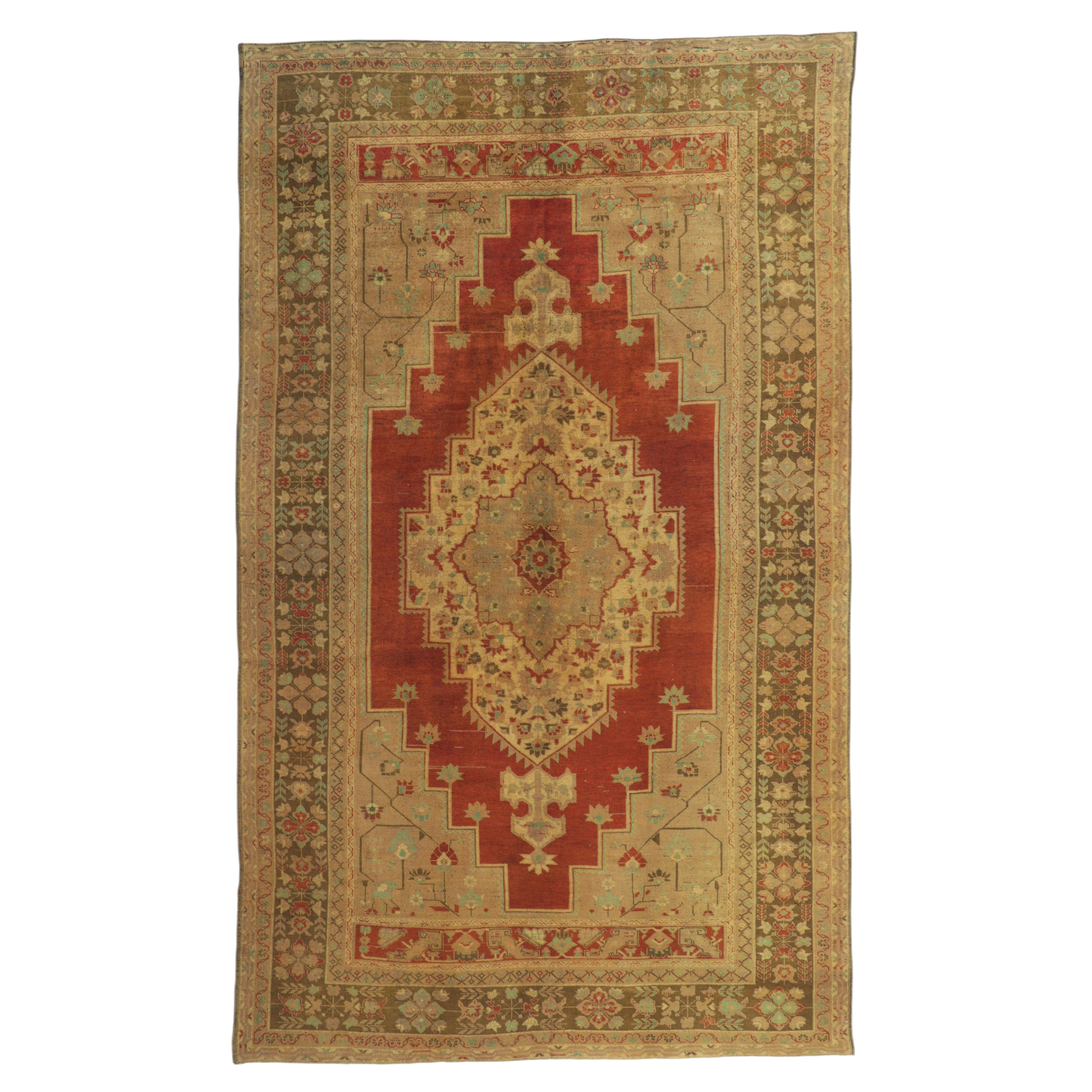 The Sultan’s Ascent: A Vintage Turkish Oushak Masterpiece of Courtly Grace For Sale
