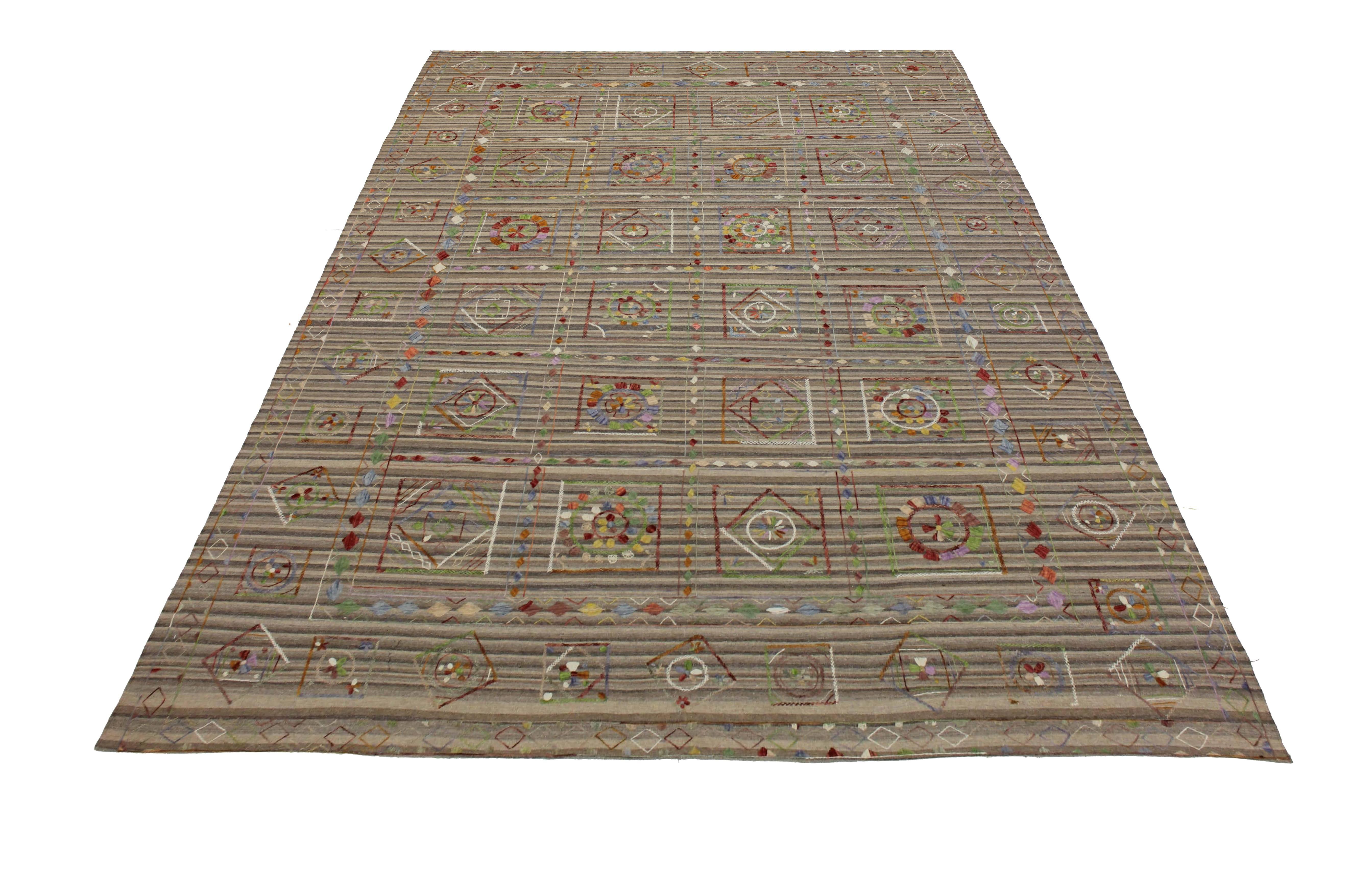 Bohemian Vintage Flatweave Kilim Rug with Embroidered Suzani Designs in Multiple Colors