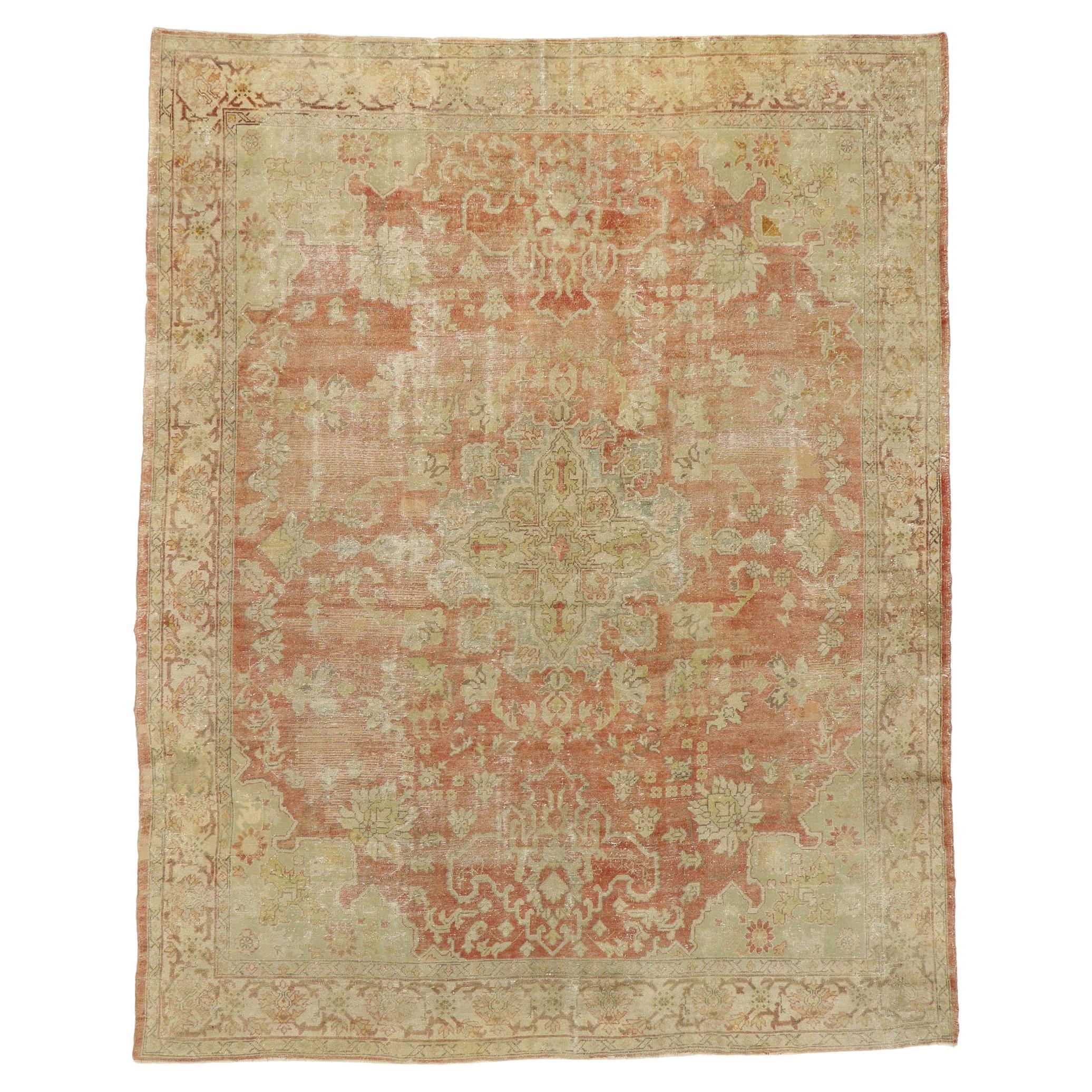 Tapis turc antique vieilli Oushak, 09'09 x 12'04 en vente