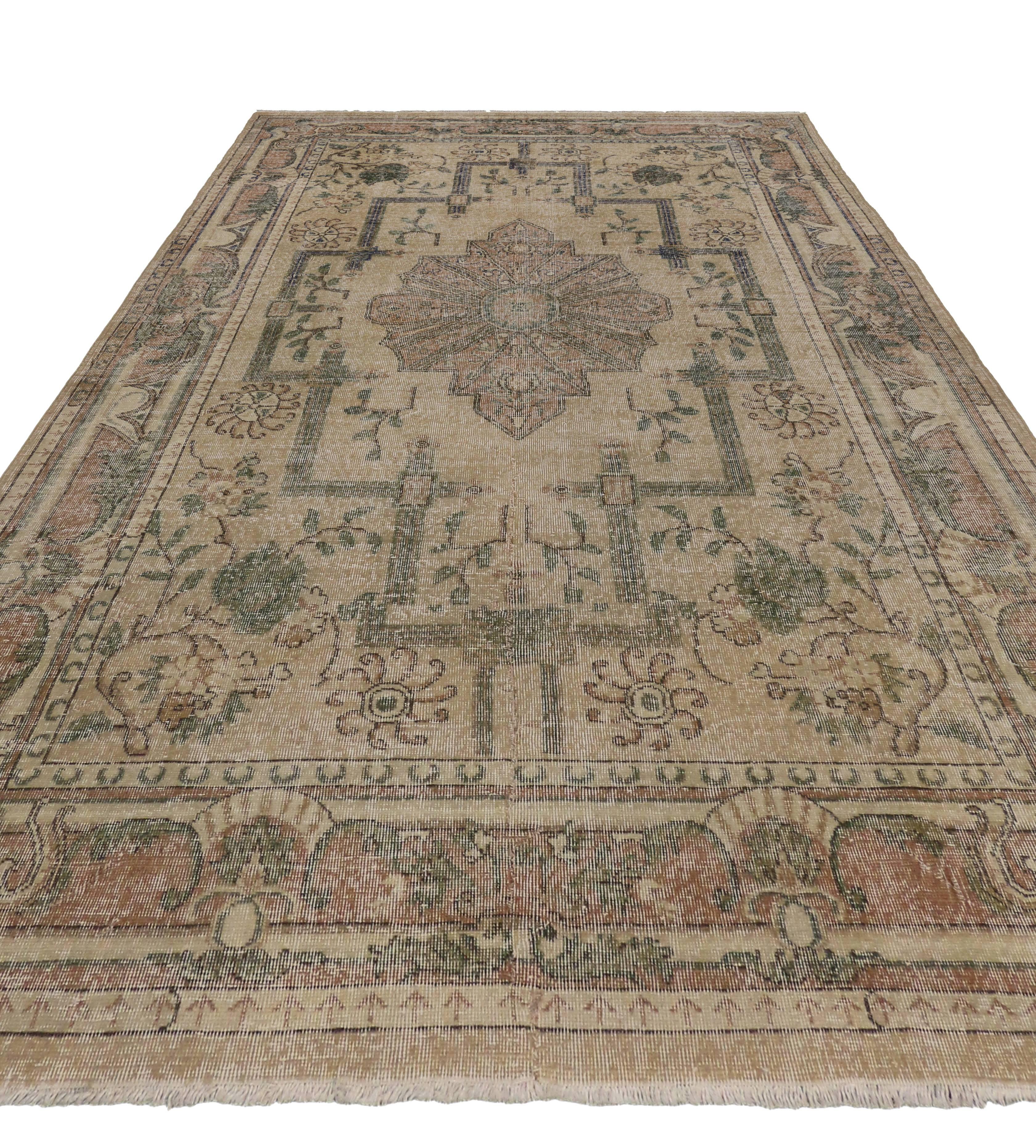 Hand-Knotted Distressed Vintage Turkish Sivas Area Rug with Rustic Art Deco Cottage Charm For Sale