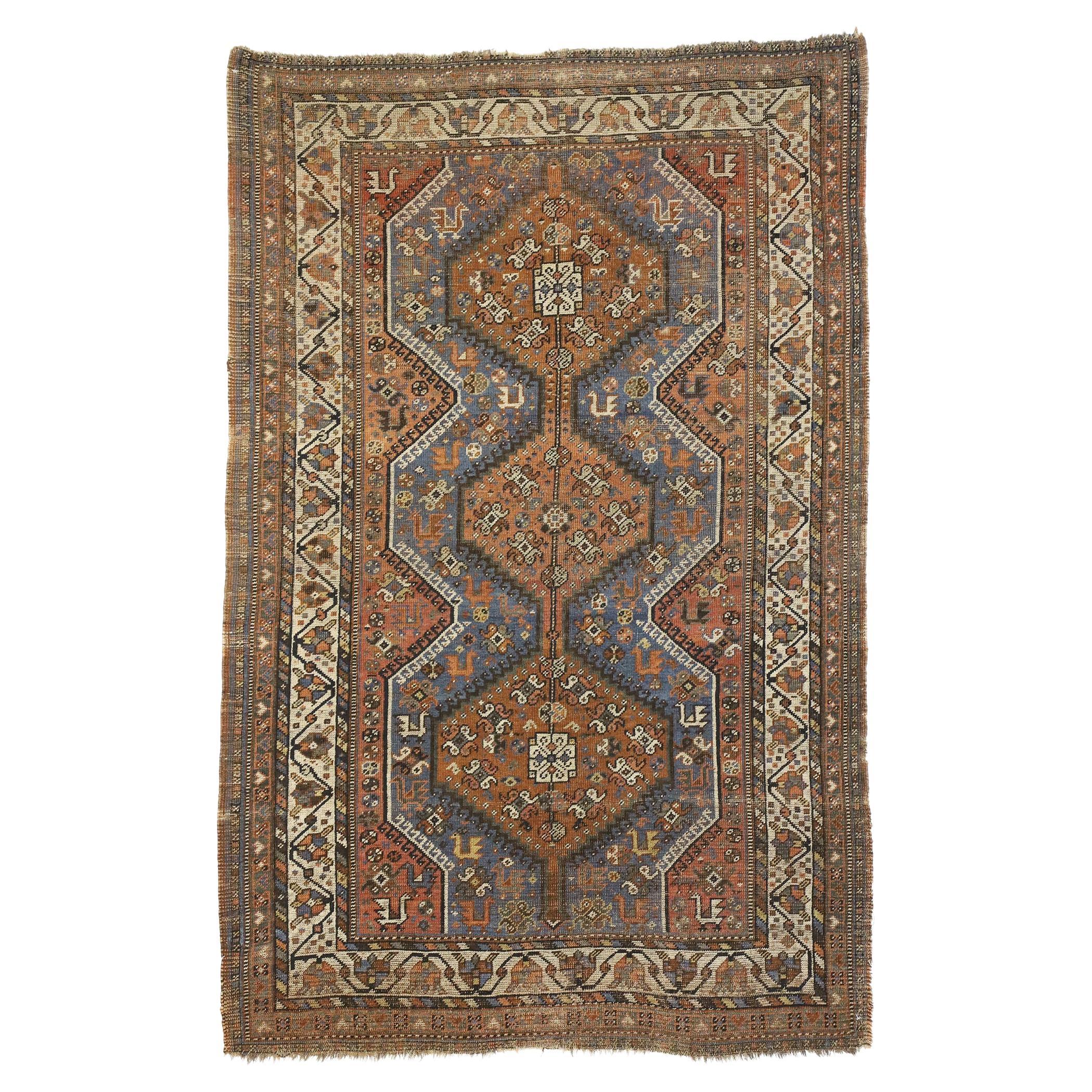 Distressed Vintage Persisch Shiraz Stammes-Teppich