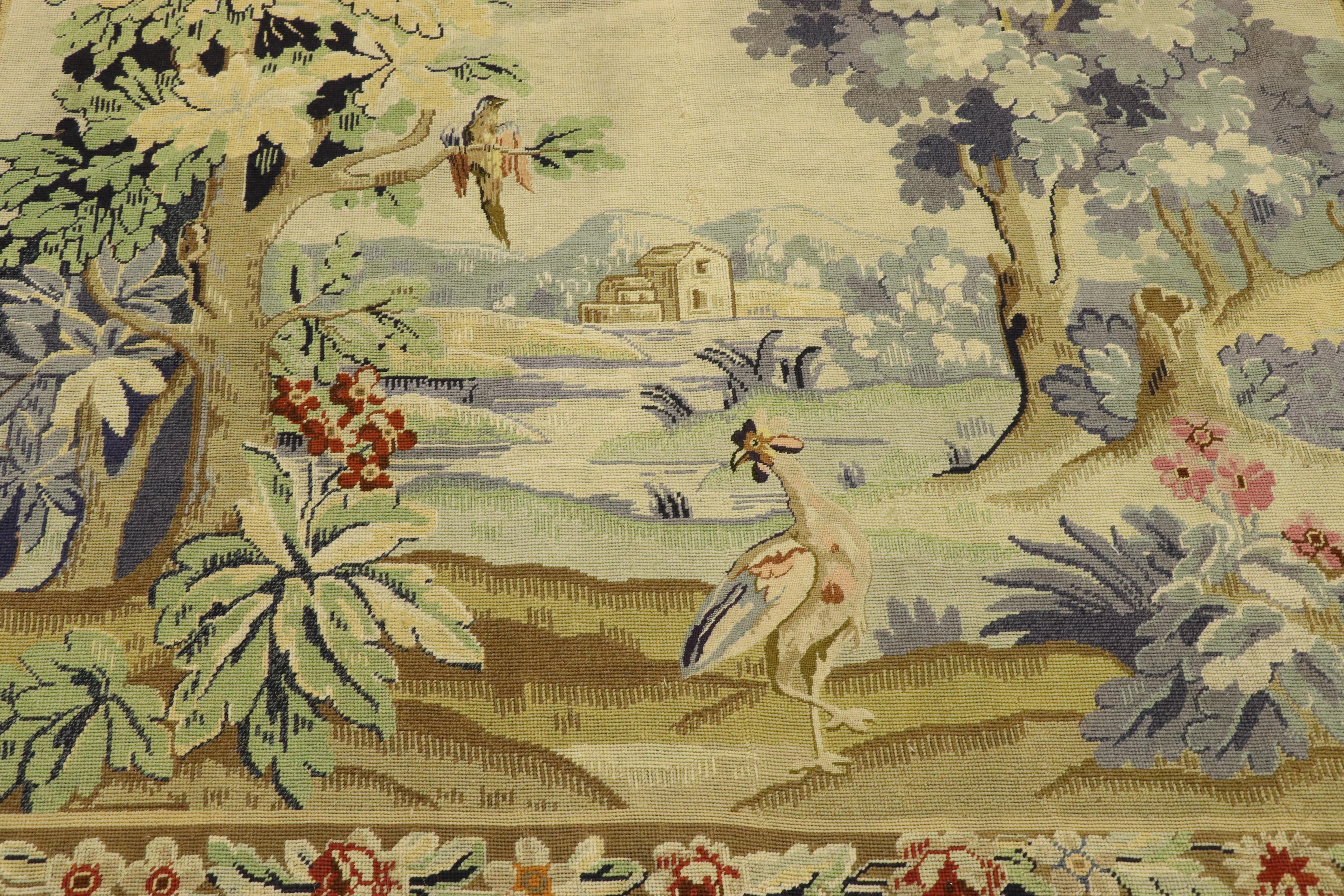 20th Century Antique English Needlepoint Aubusson Verdure Garden Tapestry Wall Hanging