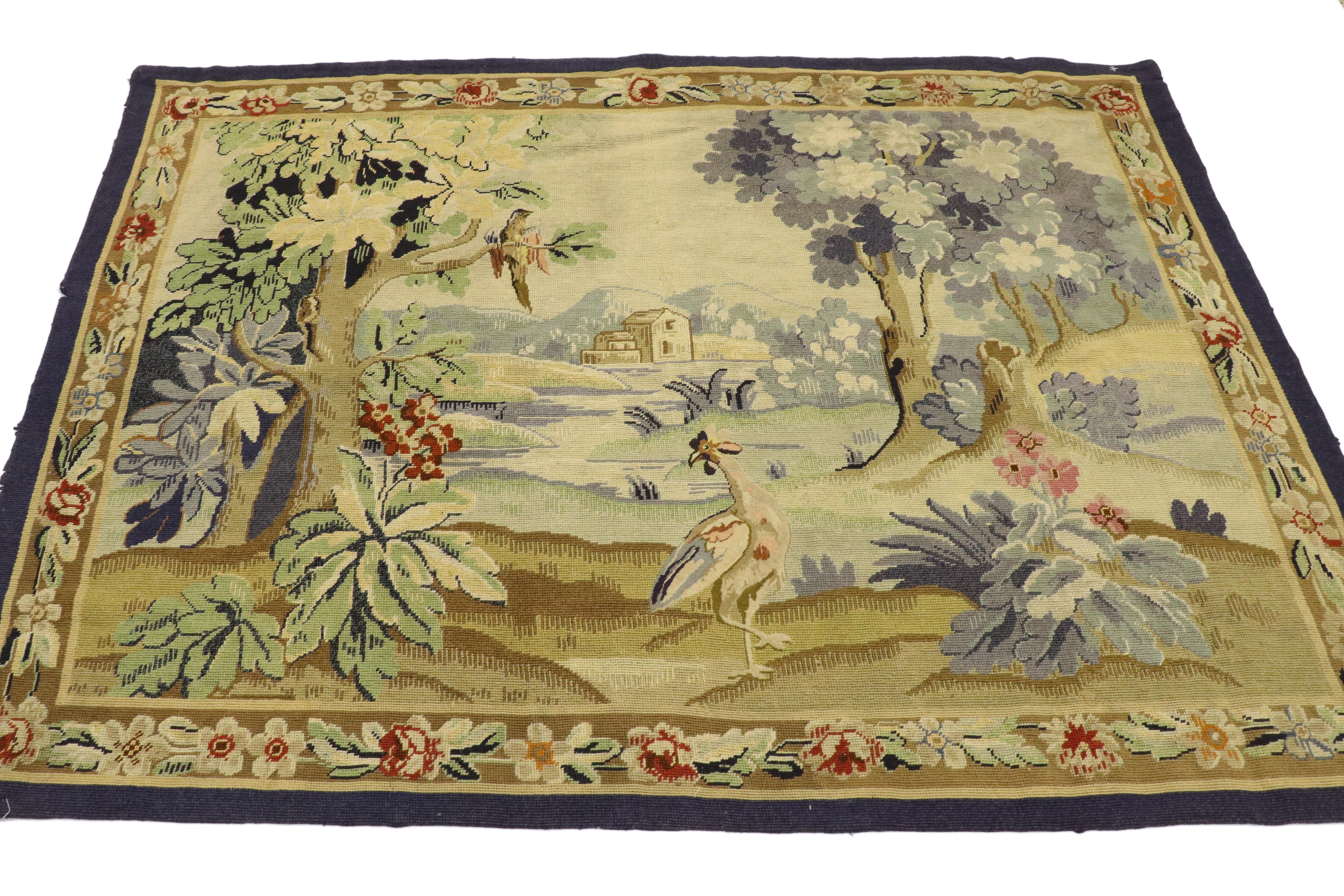 Antique English Needlepoint Aubusson Verdure Garden Tapestry Wall Hanging In Good Condition In Dallas, TX