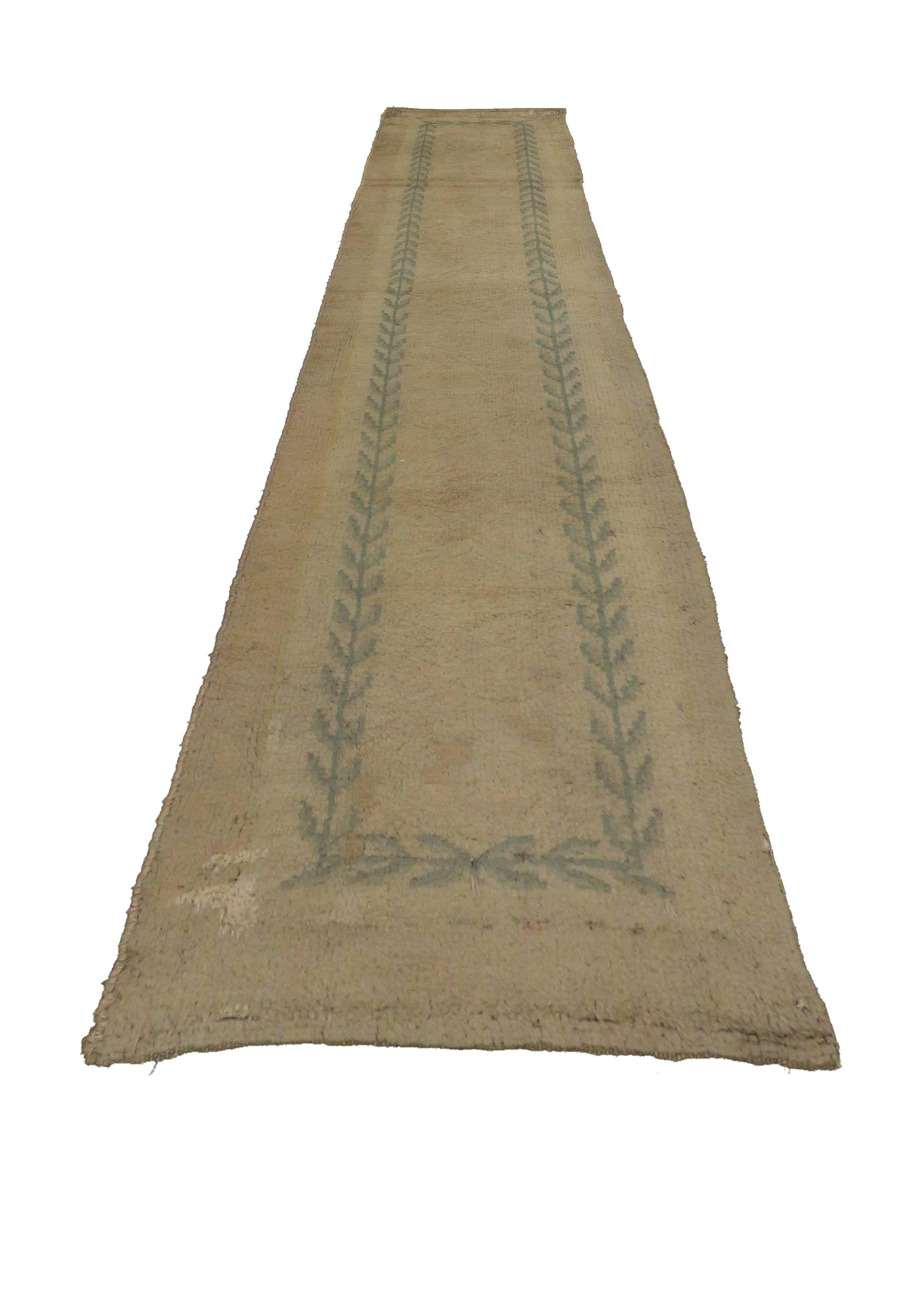 Wool Antique Savonnerie Runner with French Country Style, Narrow Hallway Runner For Sale
