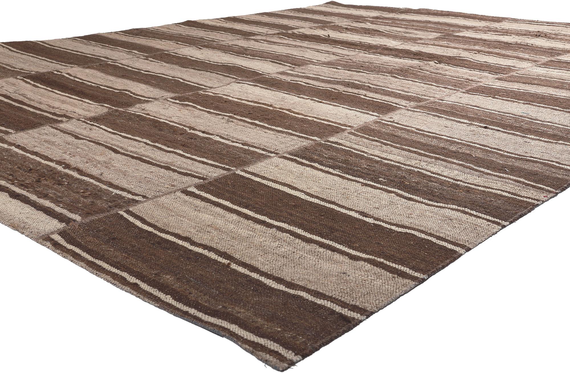 60638 Brown Vintage Striped Turkish Kilim Rug, 08'09 x 11'02. This handwoven wool vintage Turkish kilim rug embodies the essence of Wabi-Sabi as it seamlessly integrates with a commitment to sustainable design, resulting in a masterpiece that