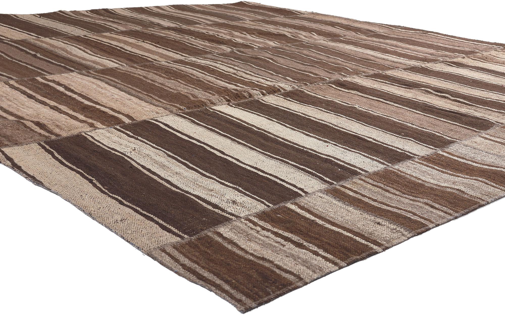 60634 Brown Vintage Striped Turkish Kilim Rug, 09'06 x 09'01. This handwoven wool vintage Turkish kilim rug embodies the spirit of Wabi-Sabi, seamlessly merging with a commitment to sustainable design to create a masterpiece that effortlessly