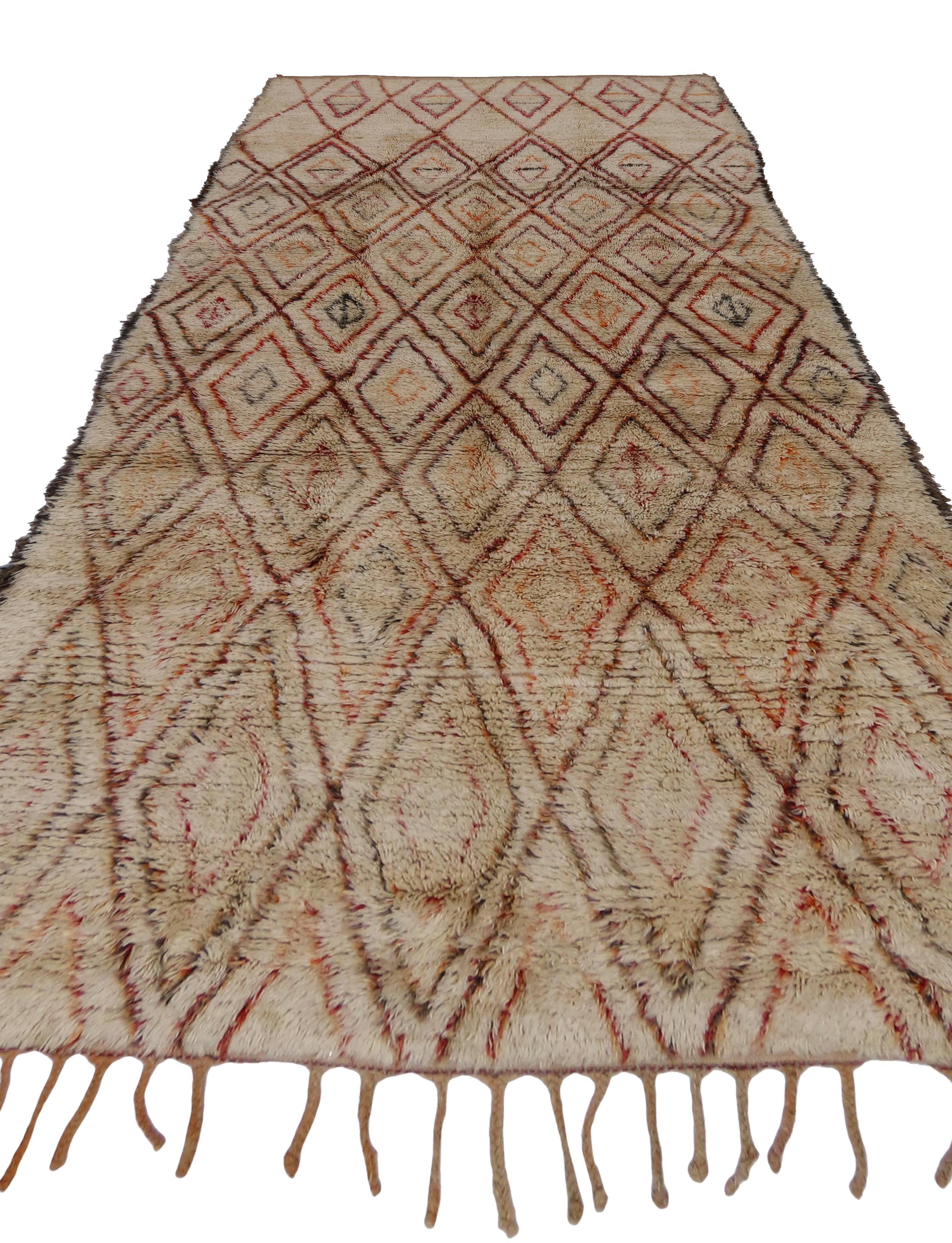 Hand-Knotted Mid-Century Modern Beni Ourain Moroccan Rug with Tribal Designs