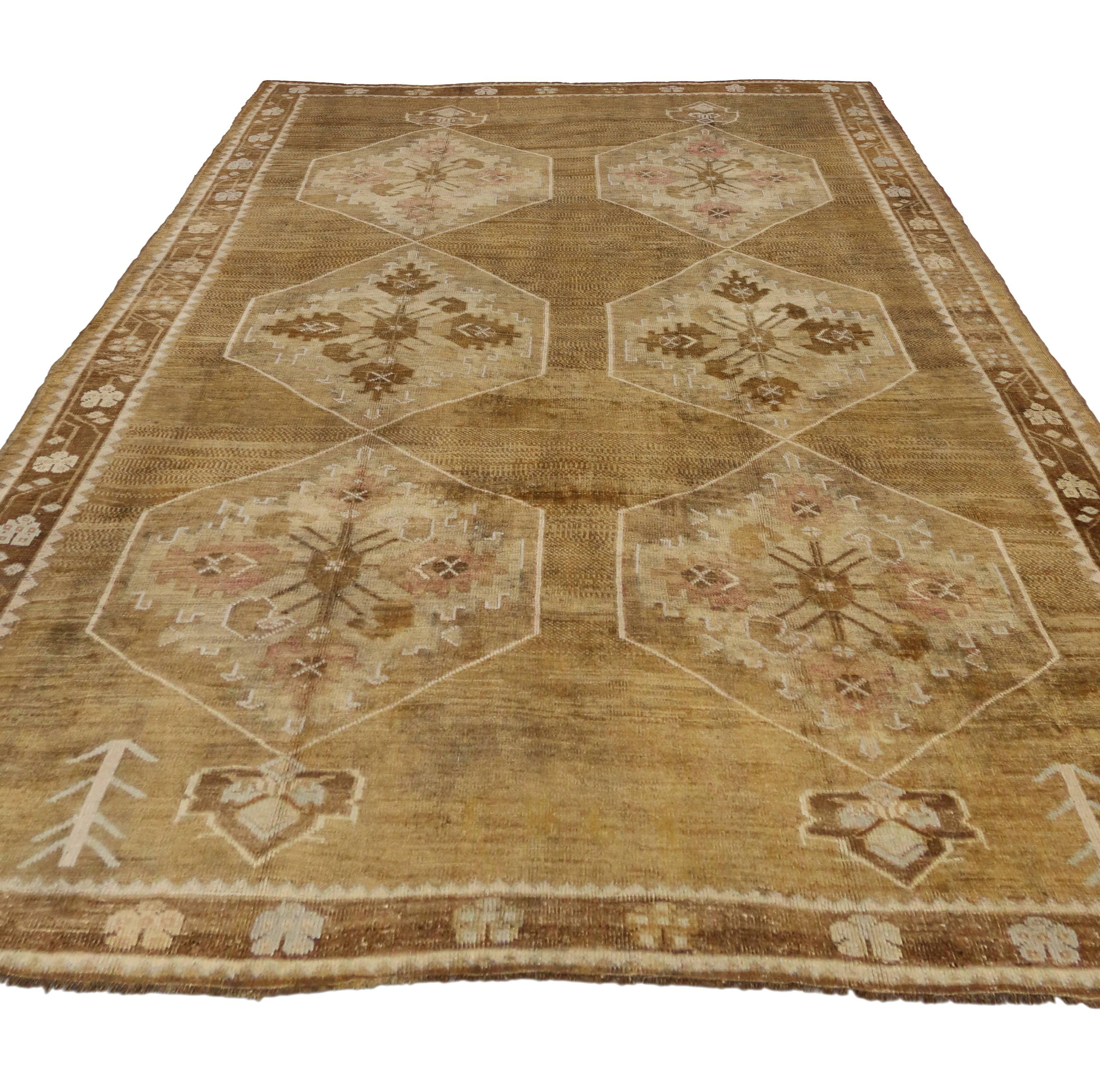 Hand-Knotted Vintage Turkish Kars Oushak Rug with Modern Design and Neutral Colors