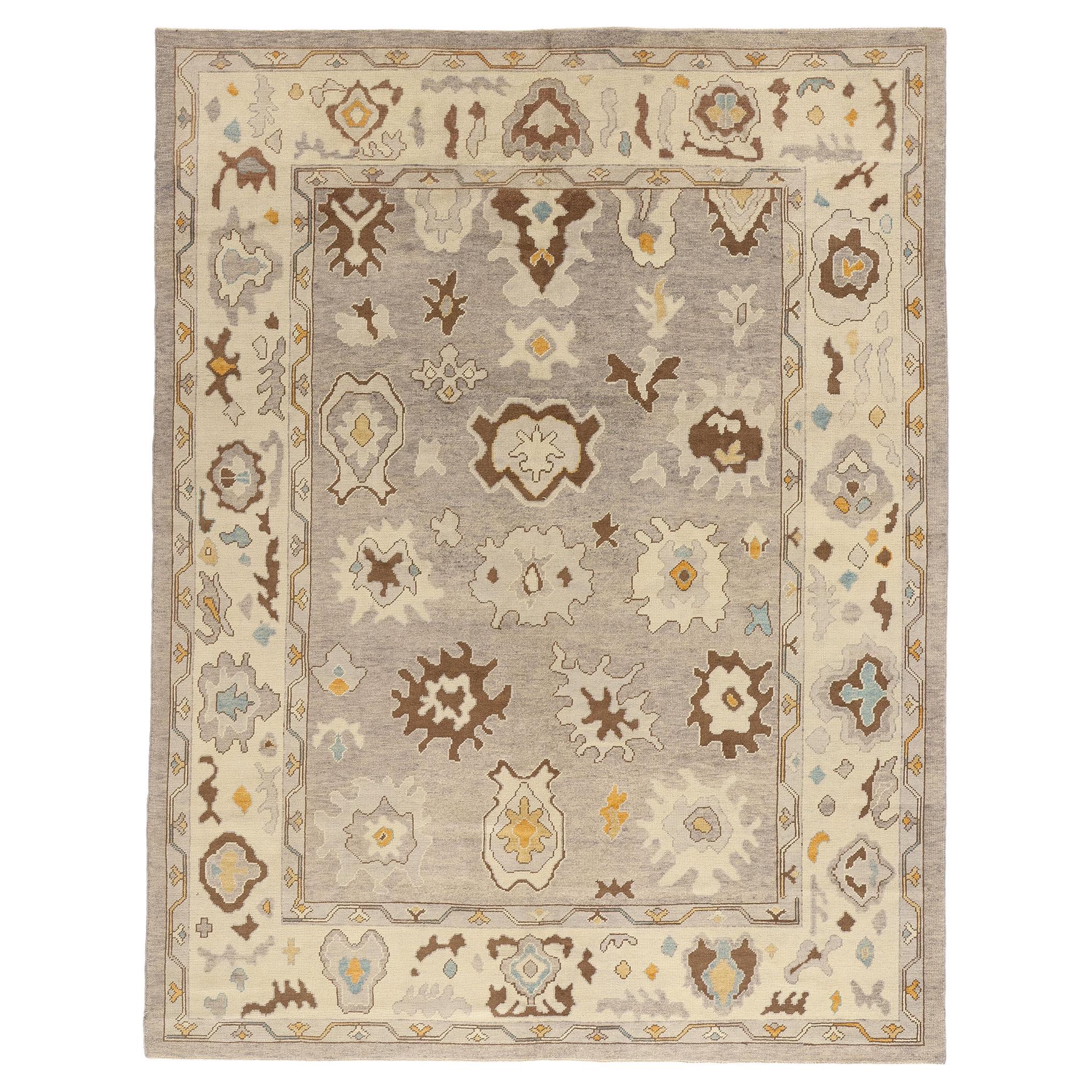 New Modern Earth-Tone Turkish Oushak Rug with Transitional Style