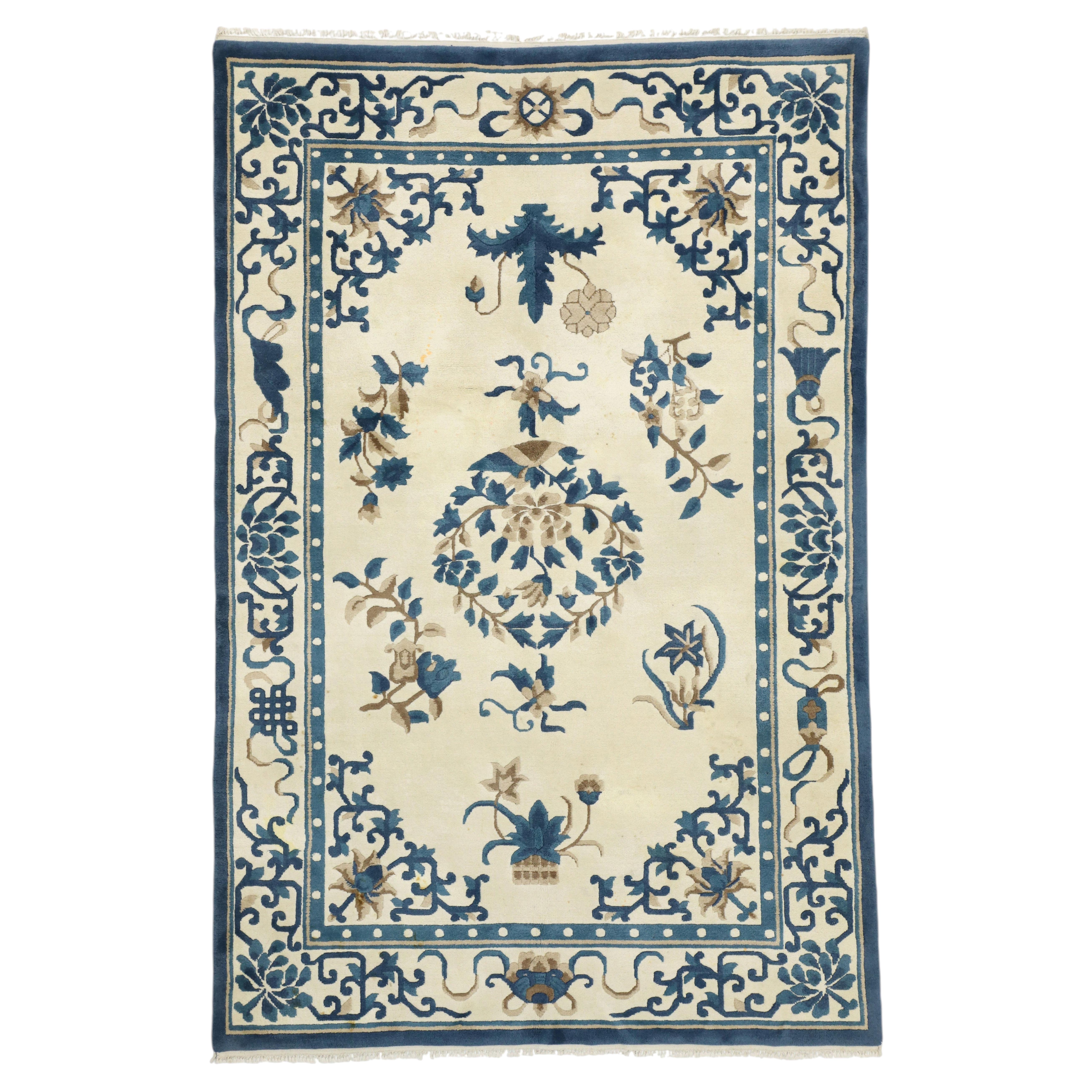 The Celestial Garden: Vintage Indian Peking Rug Masterpiece of Chinoiserie Grace