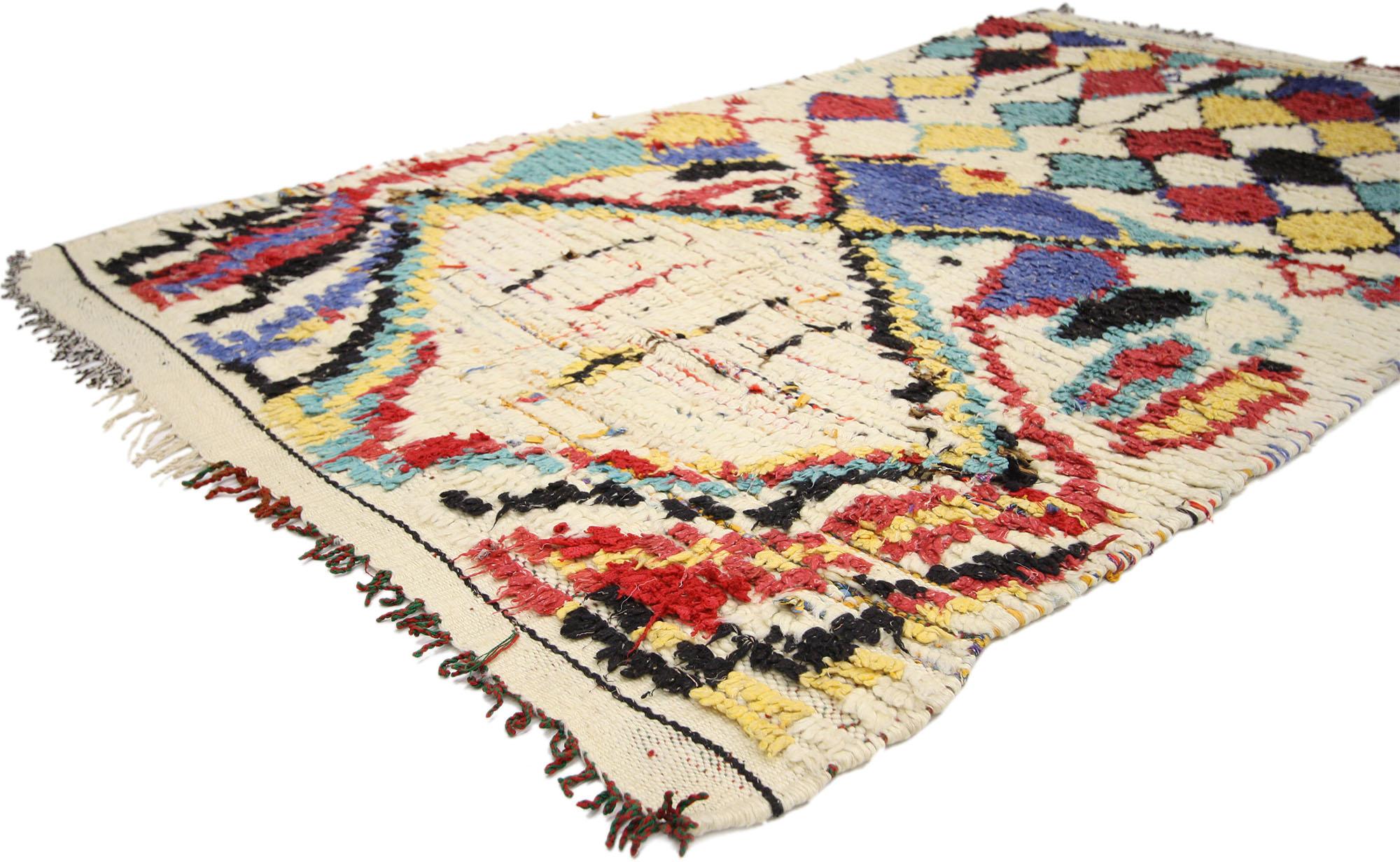 74525, vintage Moroccan Azilal rug, Tribal style Berber Moroccan rug. This vintage Moroccan Azilal rug marries the vintage style of the Berbers with a vivacious color scheme geometric design that is a contemporary style. The Moroccan Azilal rug is