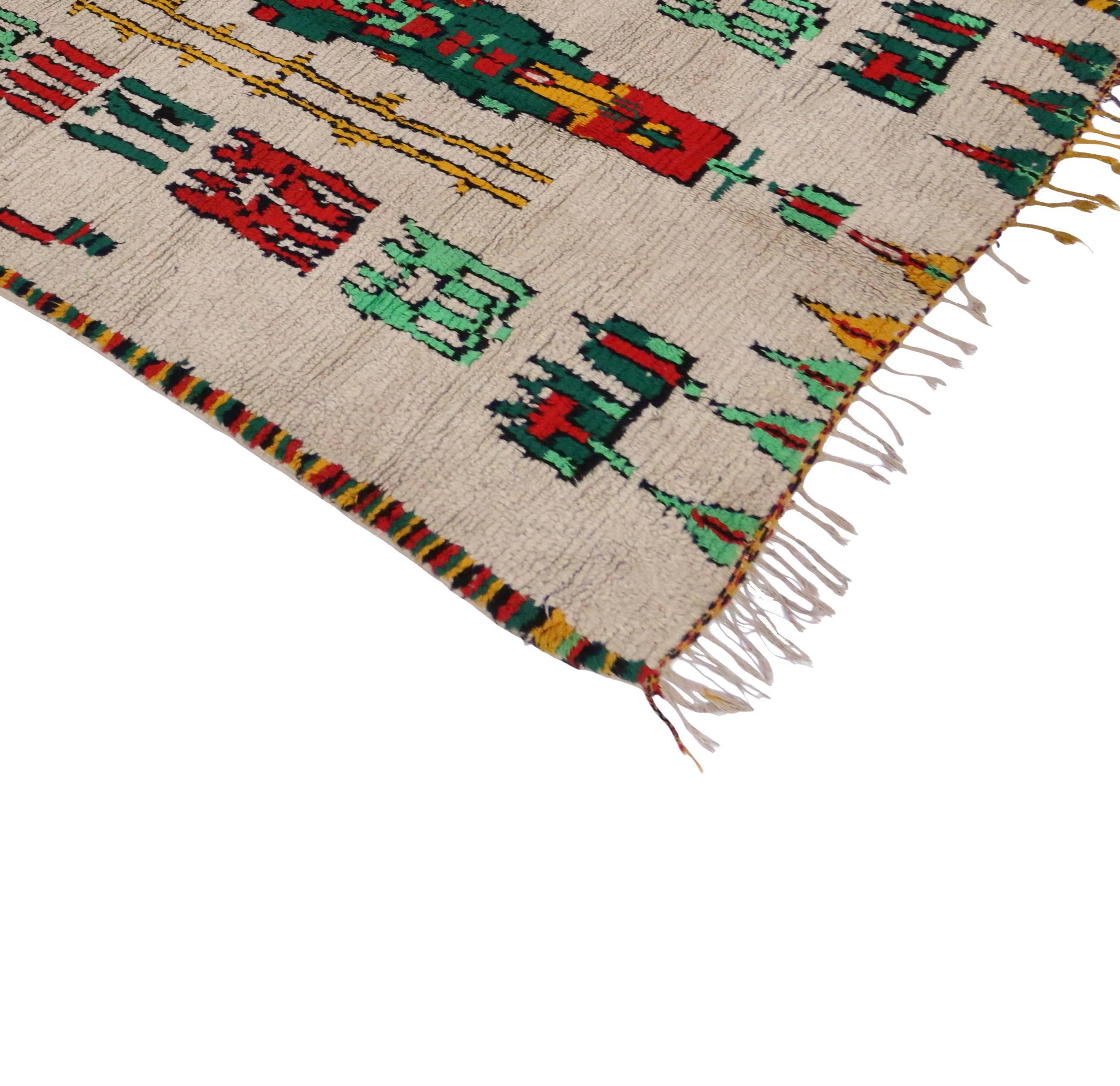 20068 Vintage Berber Moroccan Azilal Rug with Modern Tribal Design. This hand-knotted wool vintage Berber Moroccan Azilal rug features modern tribal design. This Moroccan rug is a fine example of Berber Tribe weaving creativity and freedom at its