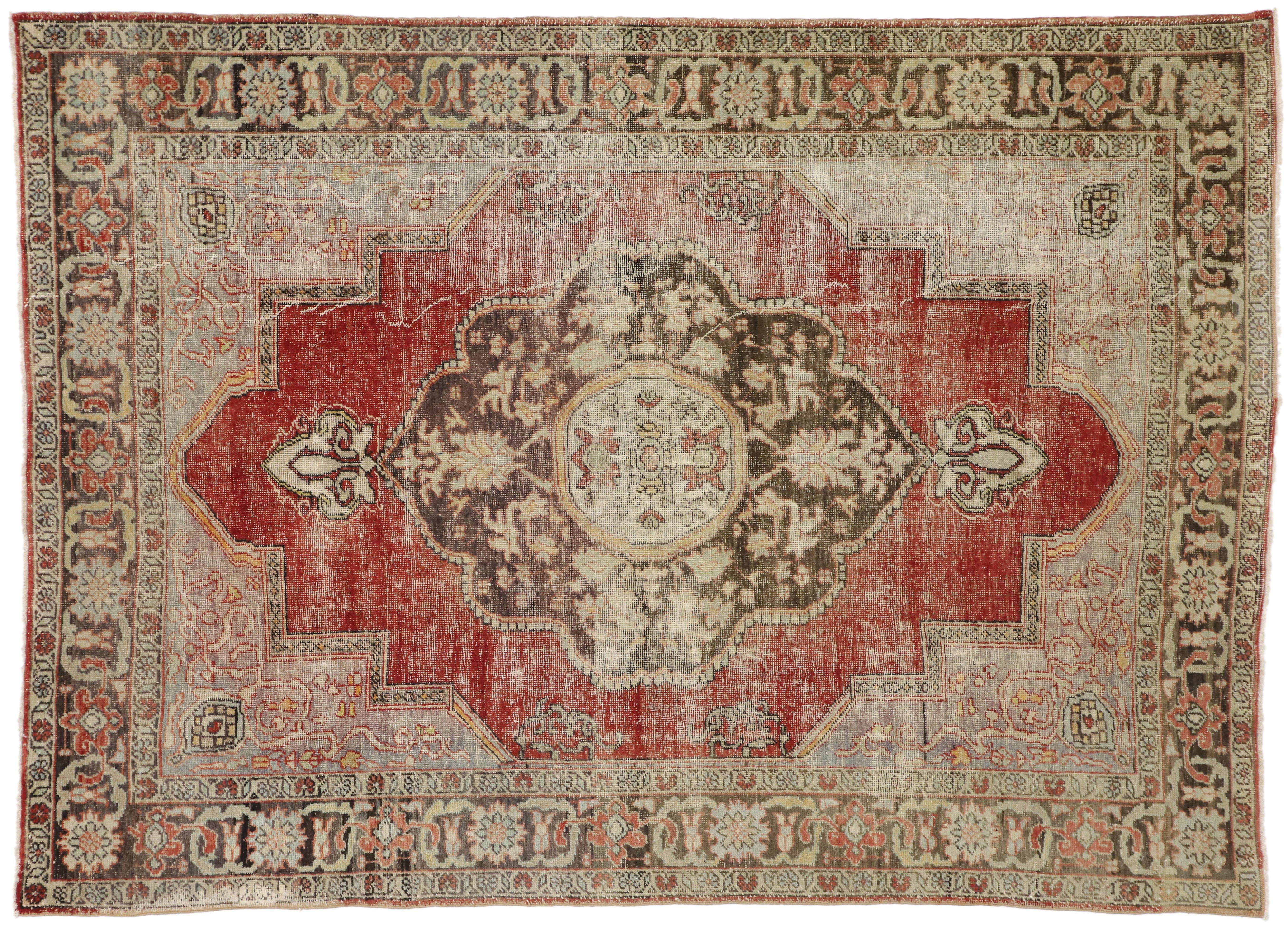 Wool Distressed Vintage Turkish Oushak Rug with Rustic Artisan Style