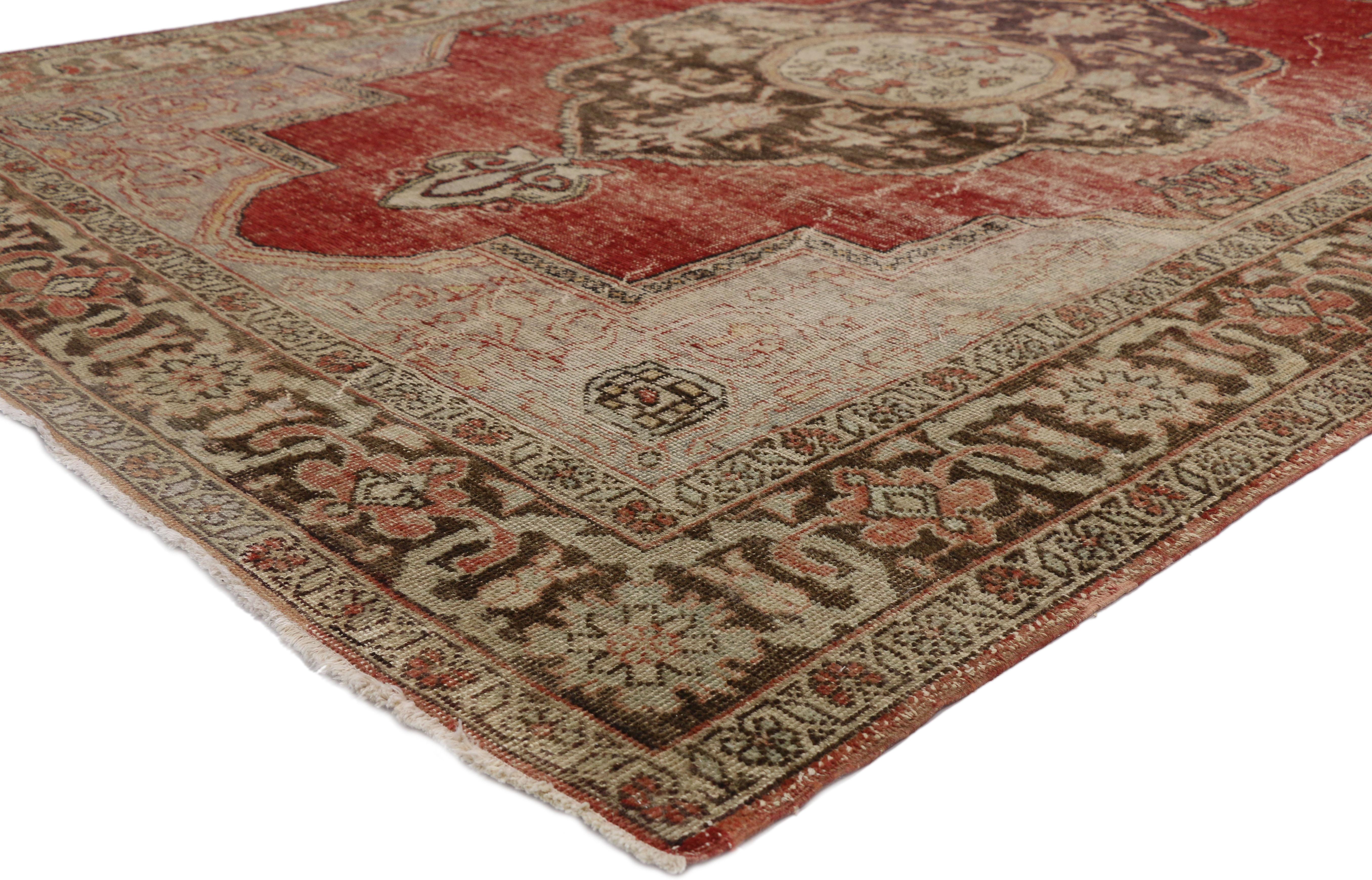 ​51297 Distressed Vintage Turkish Oushak Rug with Rustic Artisan Style 07'05 x 10'04. Warm and inviting, this hand knotted wool vintage Turkish Oushak rug beautifully embodies a rustic Artisan style. Immersed in Anatolian history and warm colors,