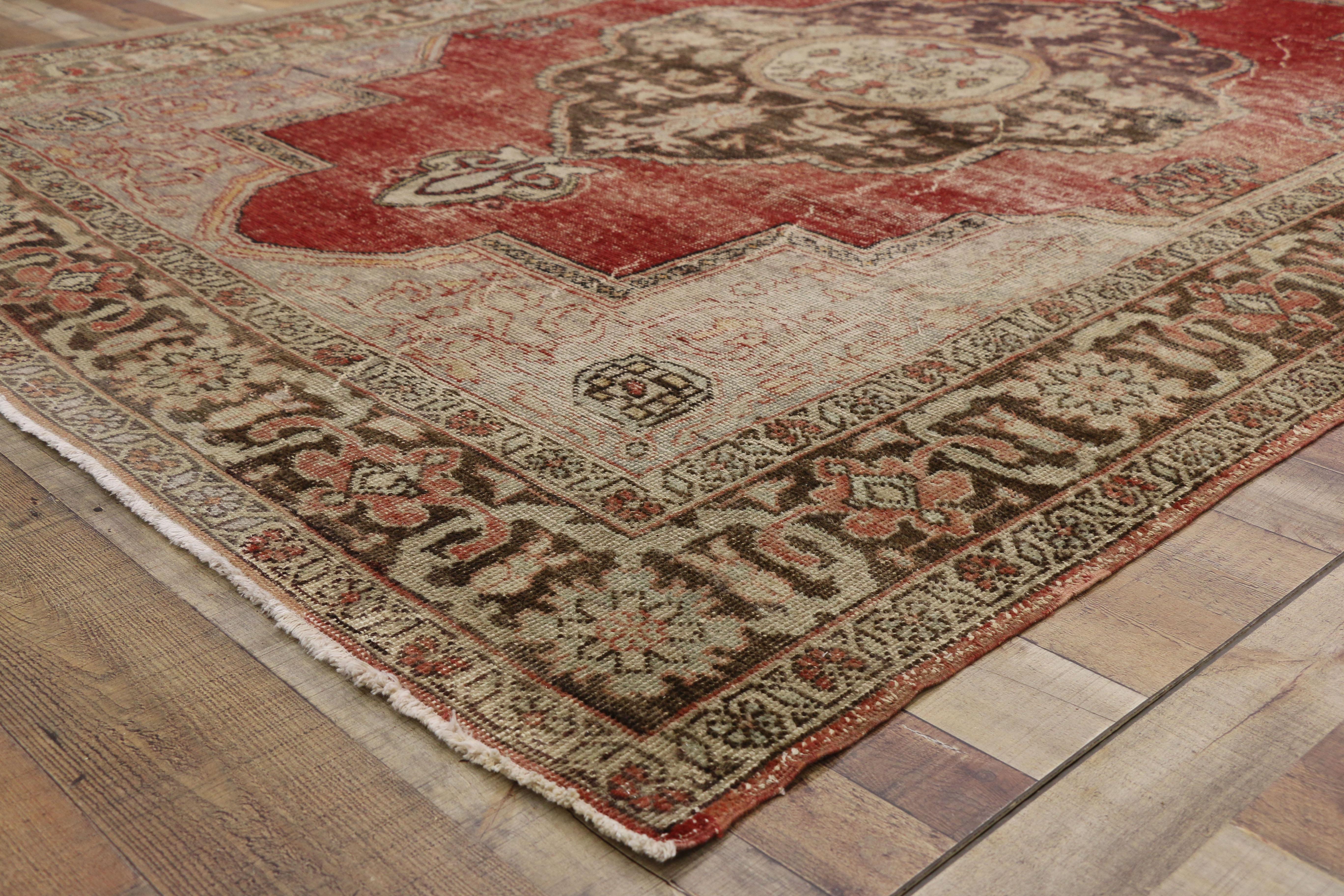 Distressed Vintage Turkish Oushak Rug with Rustic Artisan Style In Distressed Condition In Dallas, TX