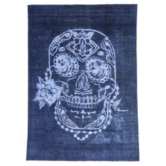 The Indigo Requiem: A Vintage Overdyed Sugar Skull Rug of Iconic Design