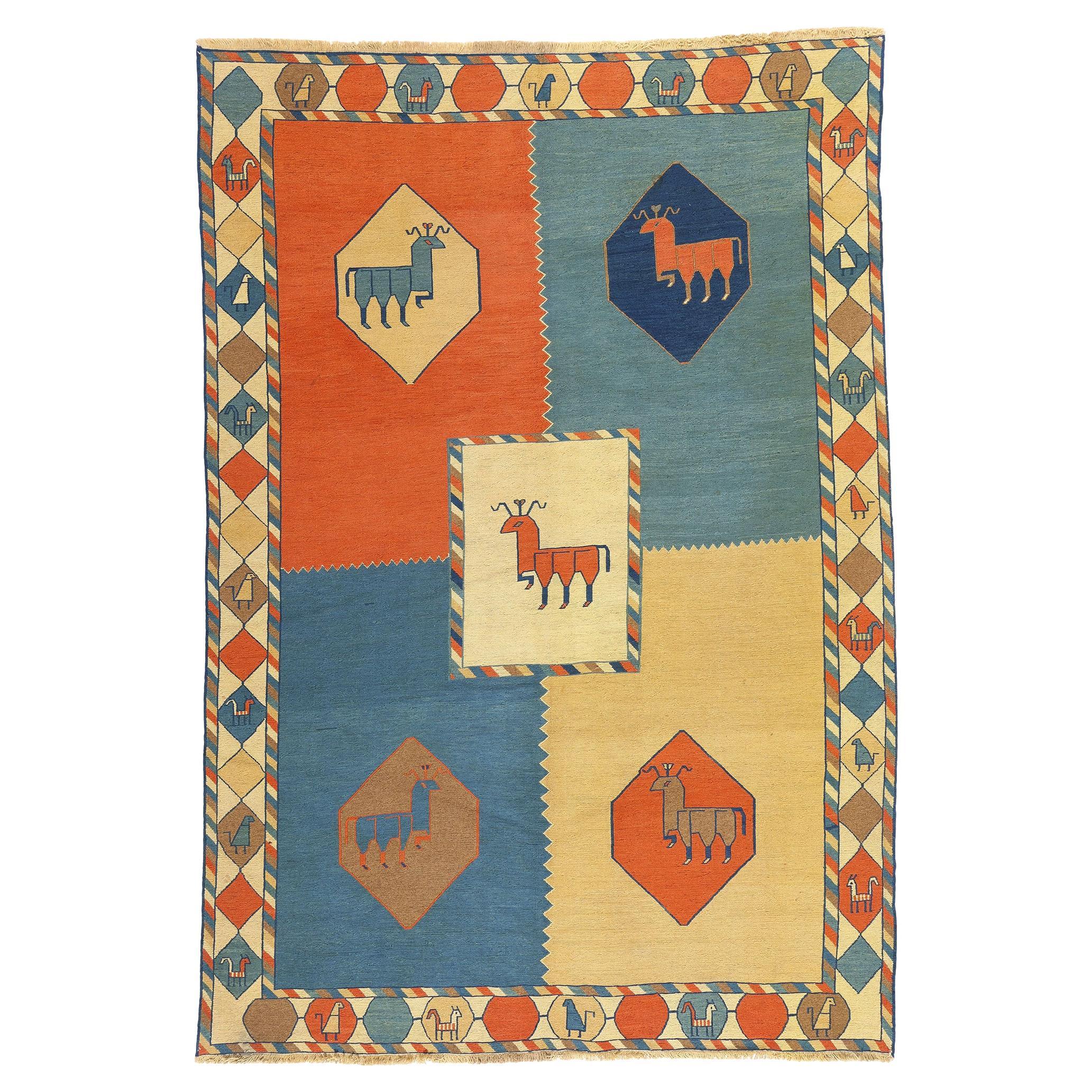 Alfombra persa Qashqai Kilim de 1960 con motivos animales