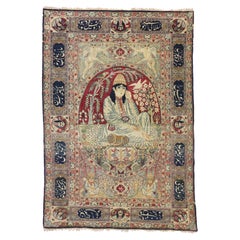 Antico tappeto persiano Kerman derviscio del 1880 con immagini