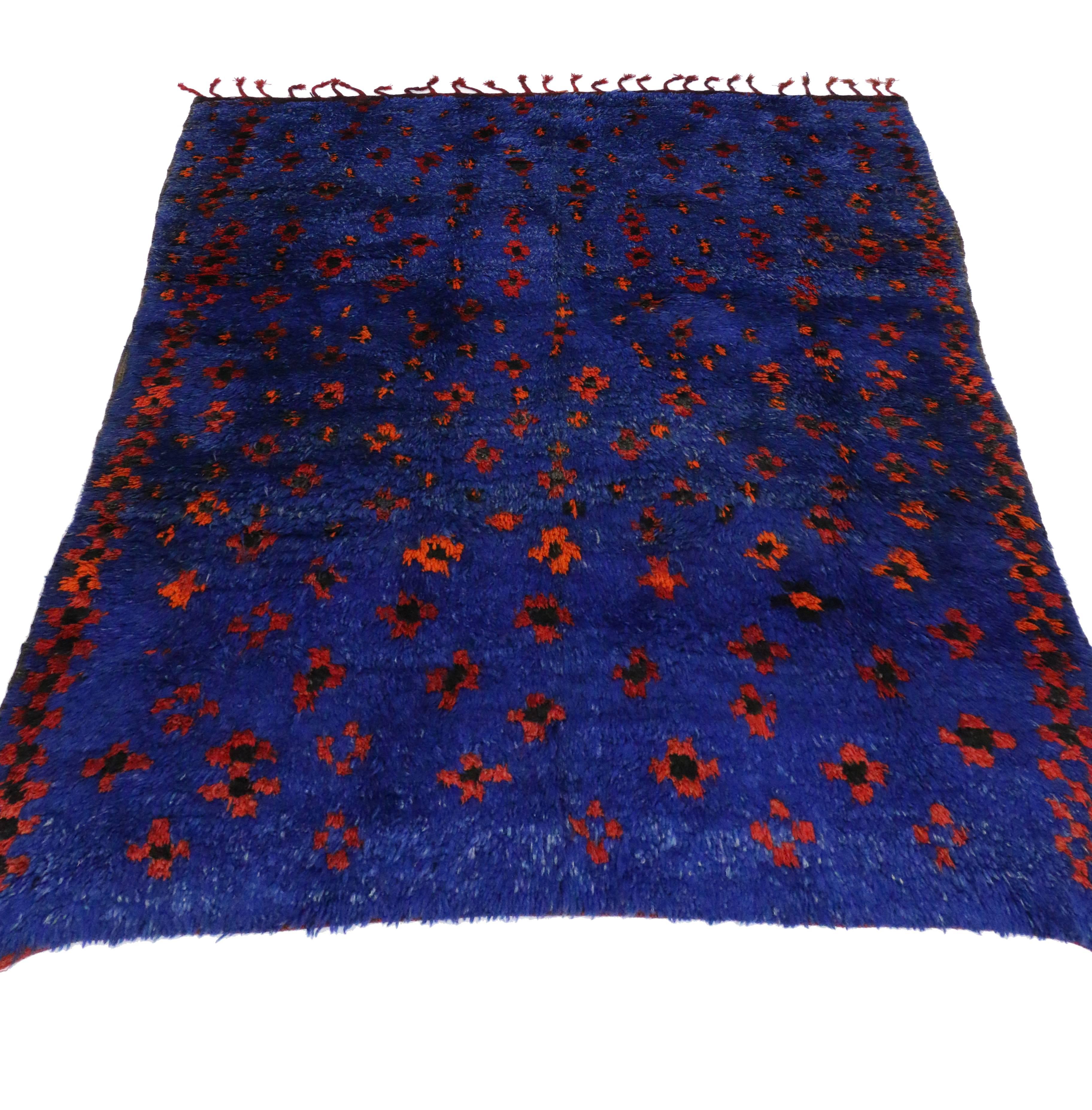 Hand-Knotted Mid-Century Modern Berber Moroccan Rug in Cobalt Blue