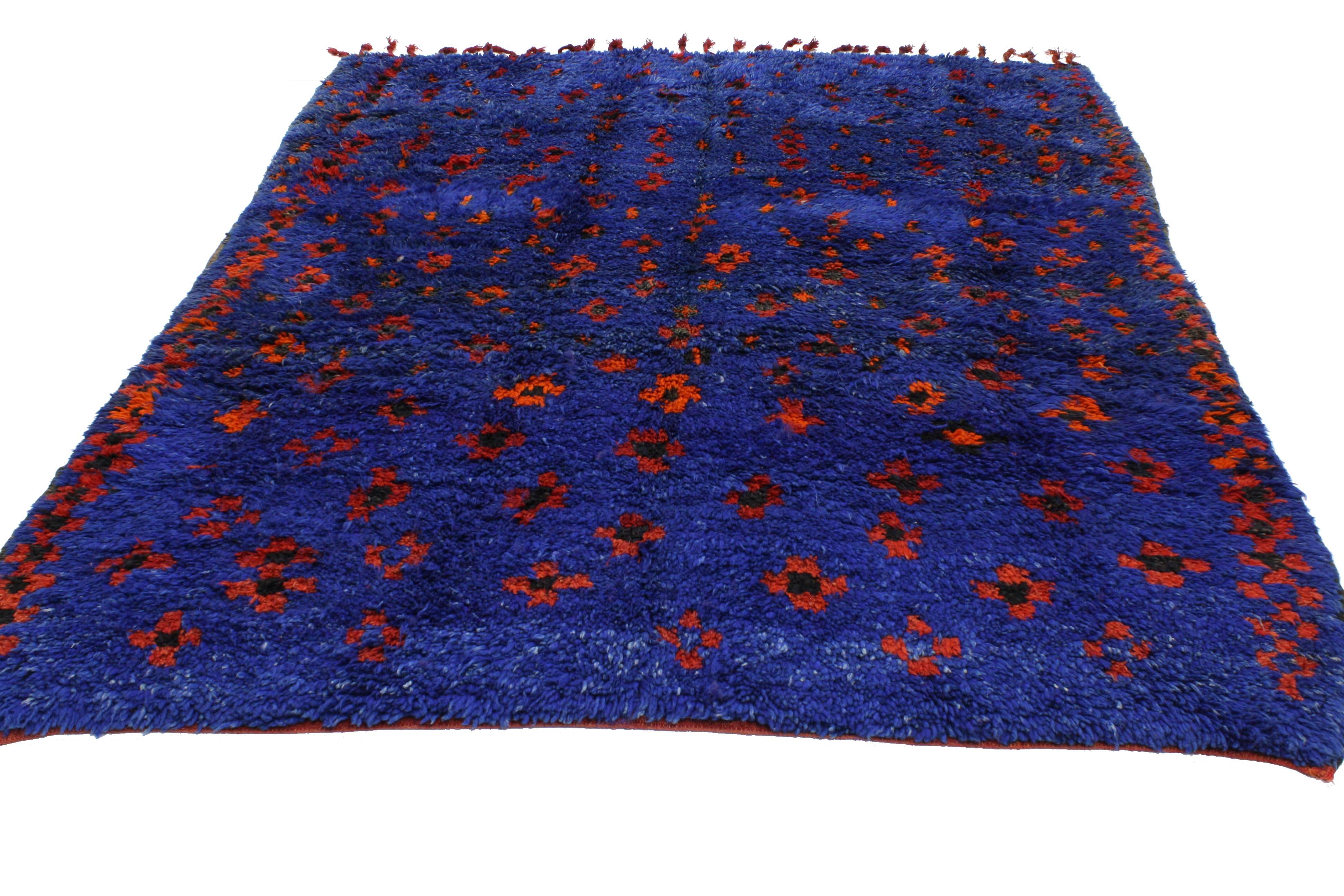 Wool Mid-Century Modern Berber Moroccan Rug in Cobalt Blue