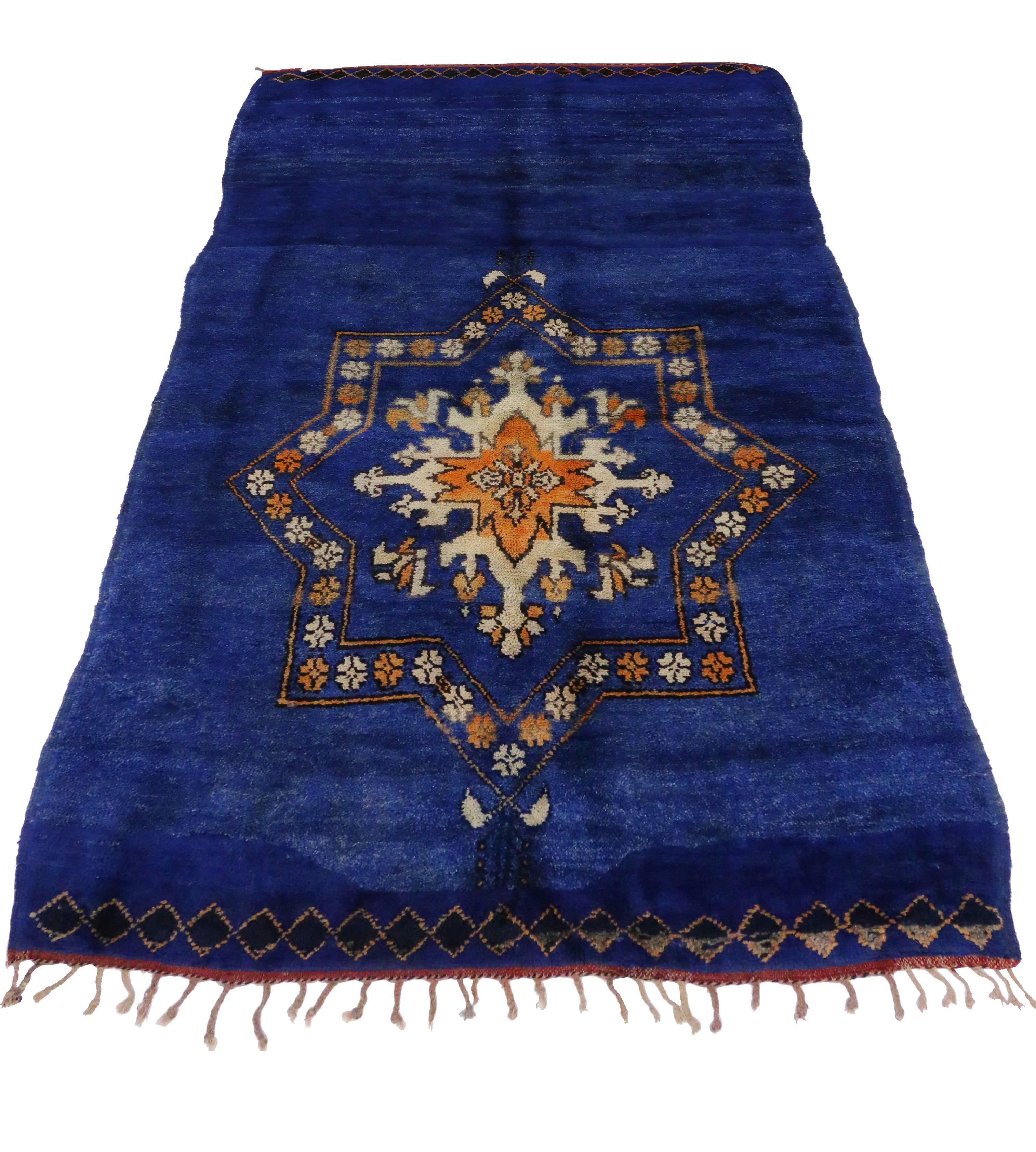 Hand-Knotted Vintage Berber Moroccan Rug in Cobalt Blue with Modern Tribal Design