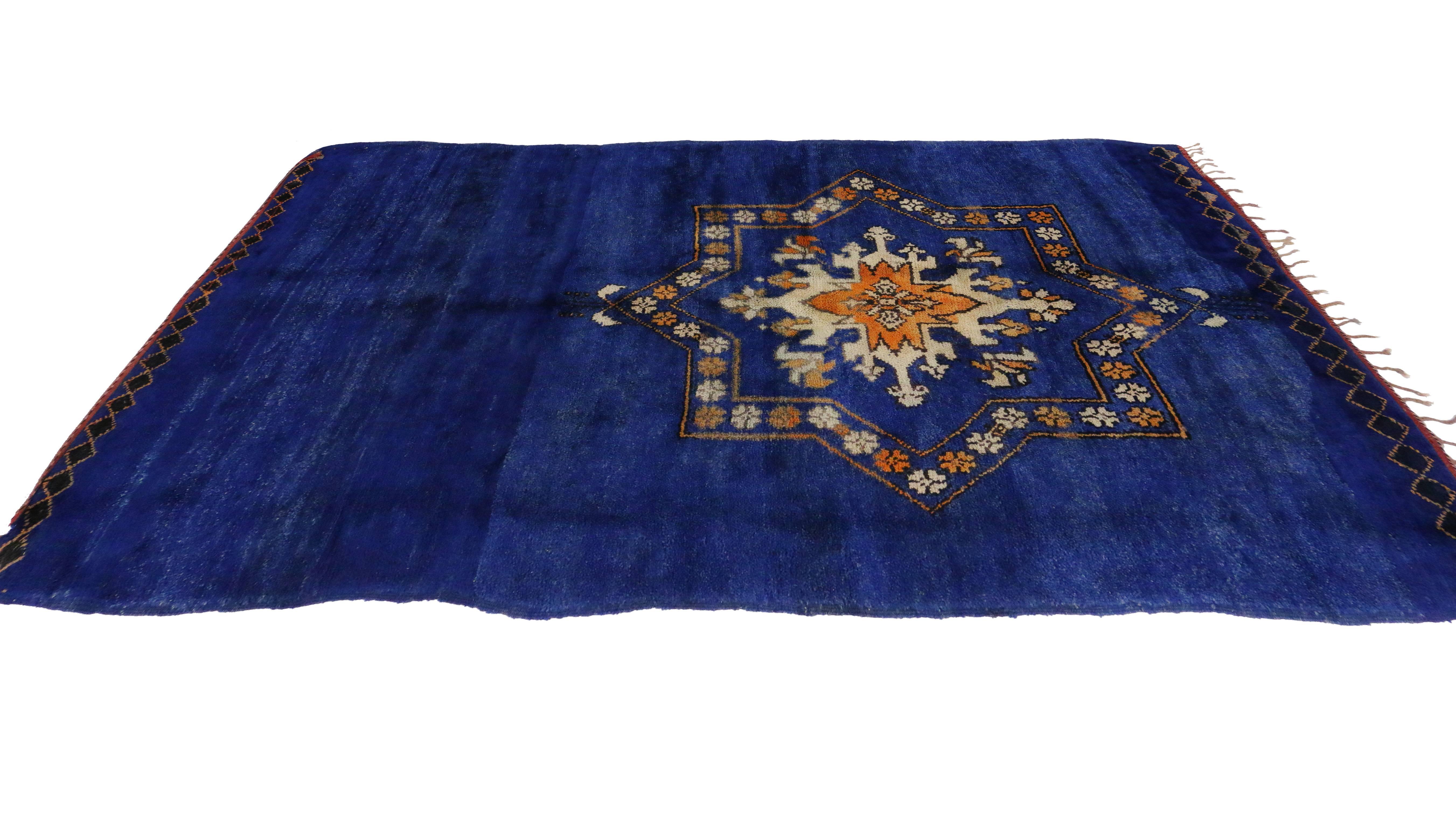 Vintage Berber Moroccan Rug in Cobalt Blue with Modern Tribal Design In Excellent Condition In Dallas, TX