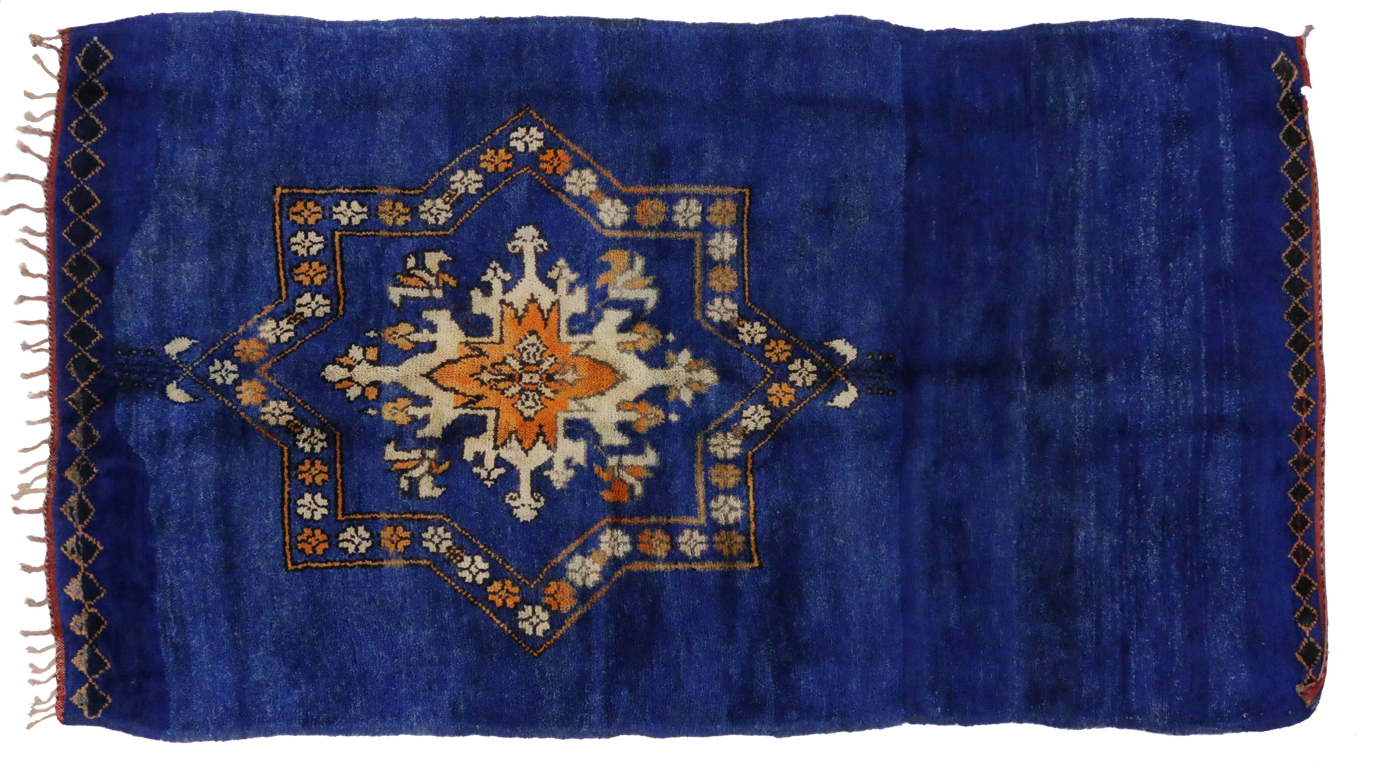 Wool Vintage Berber Moroccan Rug in Cobalt Blue with Modern Tribal Design