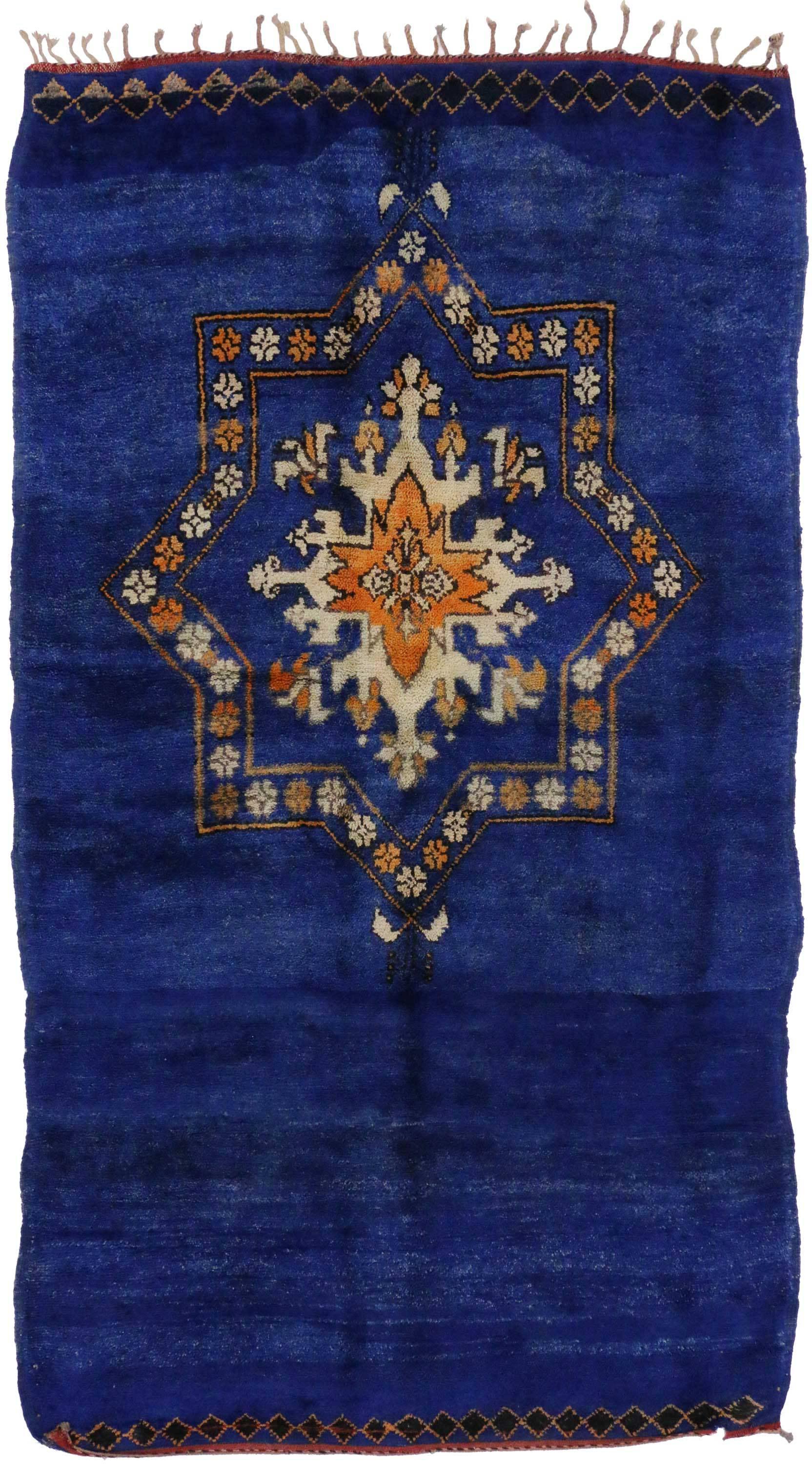 Vintage Berber Moroccan Rug in Cobalt Blue with Modern Tribal Design 1