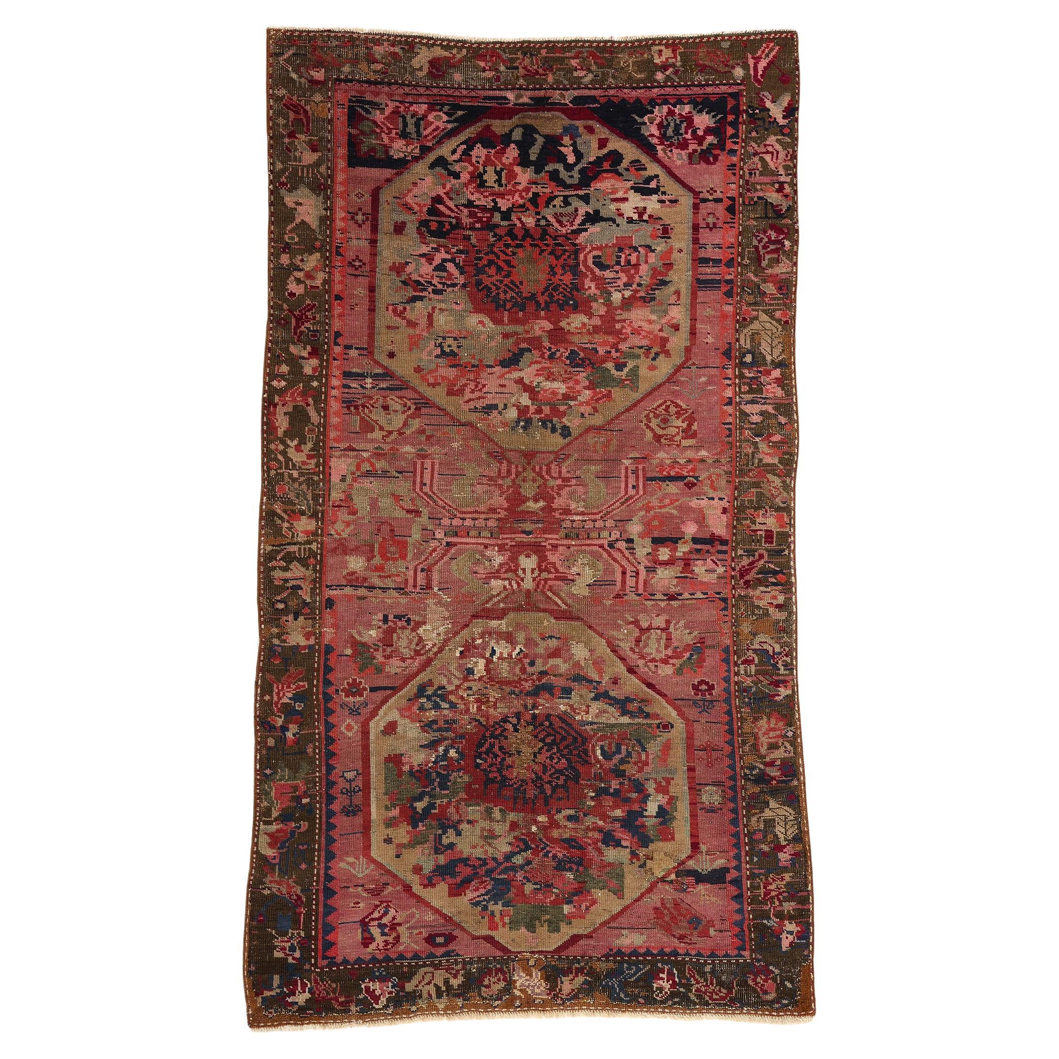 1920's Antique Pink Rose Caucasian Karabakh Carpet For Sale