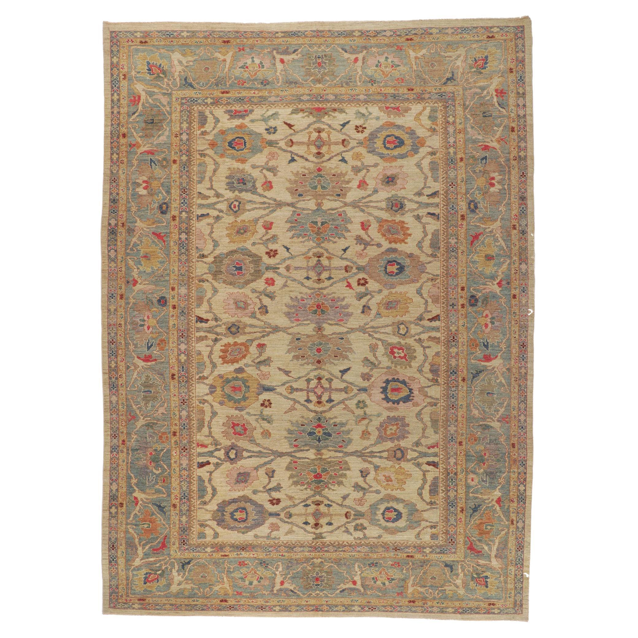 Organic Modern Tan and Blue Persian Sultanabad Rug For Sale