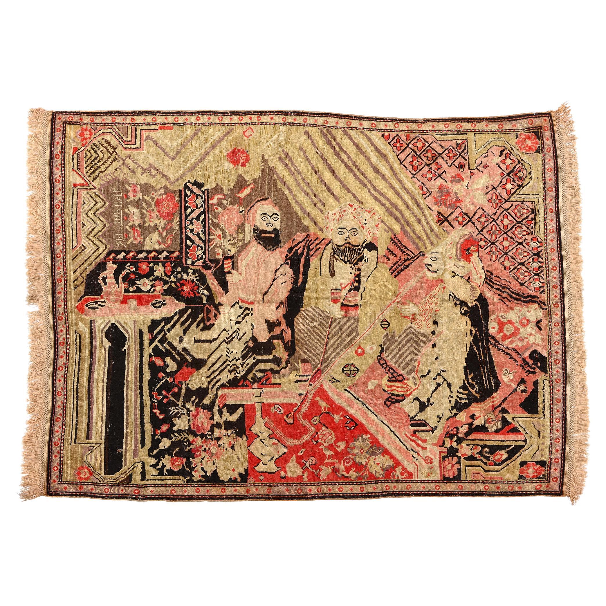 Antique Karabakh Pictorial Rug, King & Court Persian Tableau Carpet For Sale