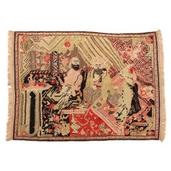 Used Karabakh Pictorial Rug, King & Court Persian Tableau Carpet