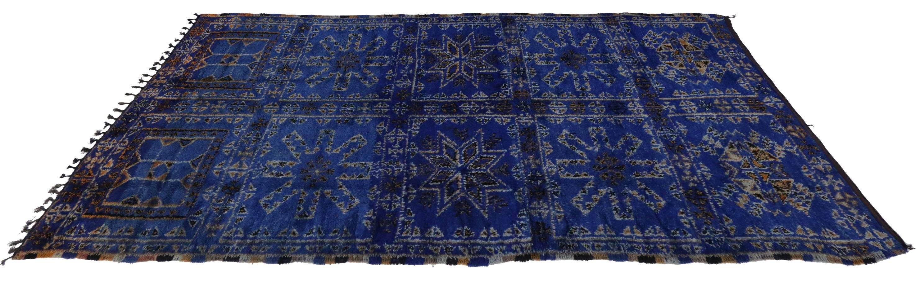 Hand-Knotted Cobalt Blue Vintage Moroccan Rug by Beni Ouarain