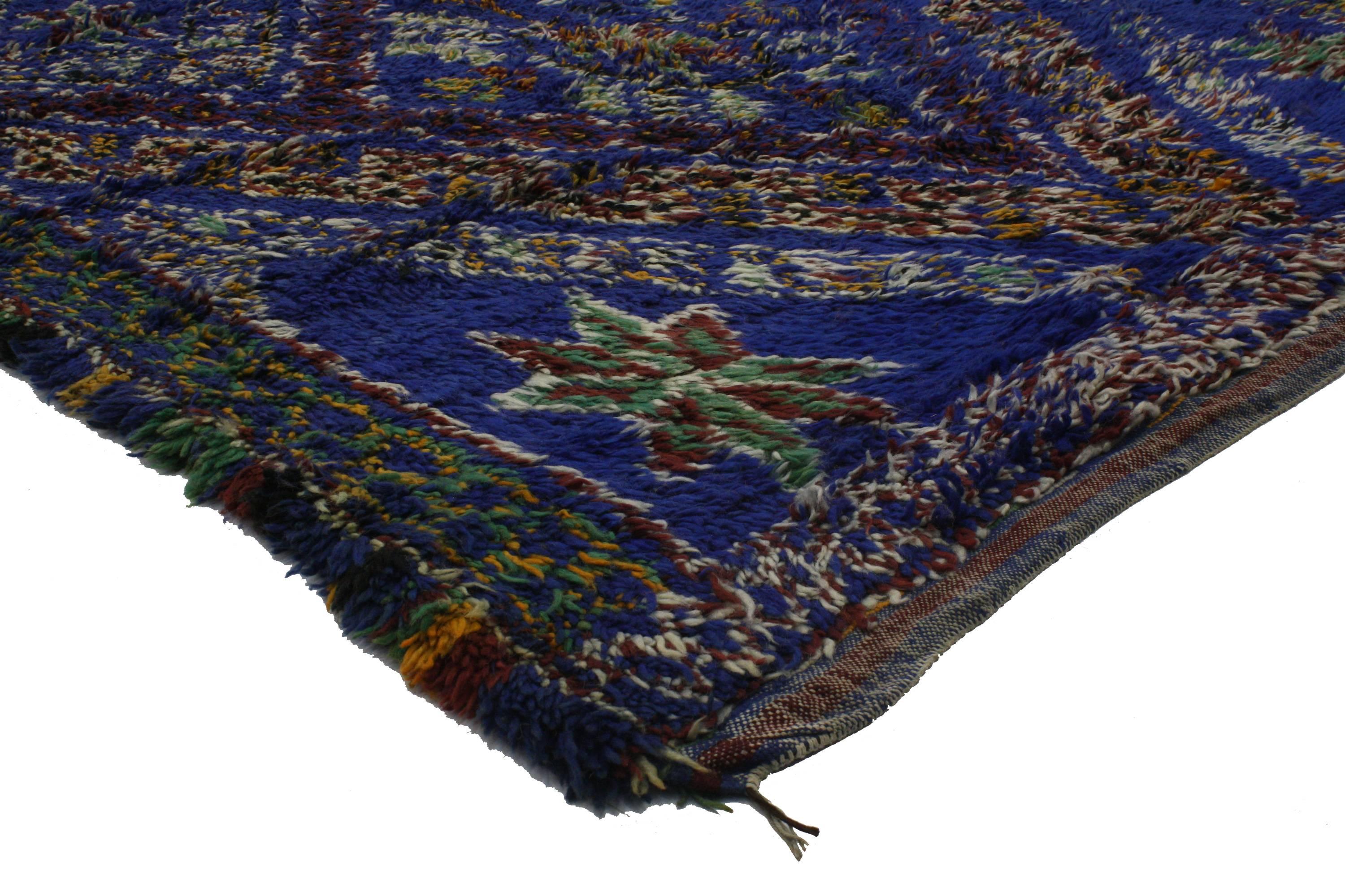 Hand-Knotted Mid-Century Modern Vintage Berber Moroccan in Cobalt Blue by Beni Ourain