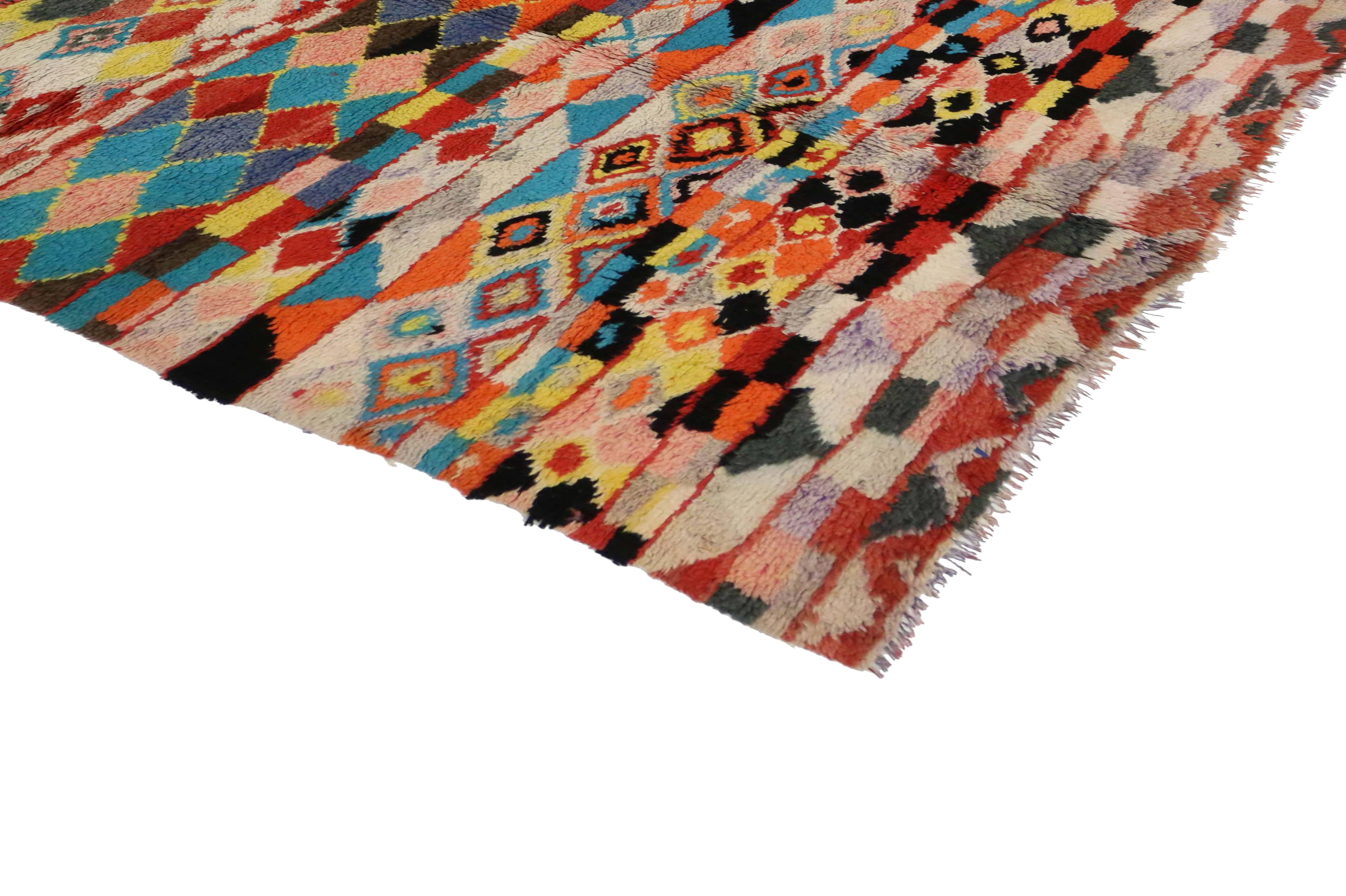 20176 Vintage Moroccan Rug with Contemporary Abstract Design, Berber Moroccan Rug. This vibrant wool rug is from the Azilal region of the High Atlas Mountains of Morocco. Featuring bold colors and incomparable textures in a variety of colors, this